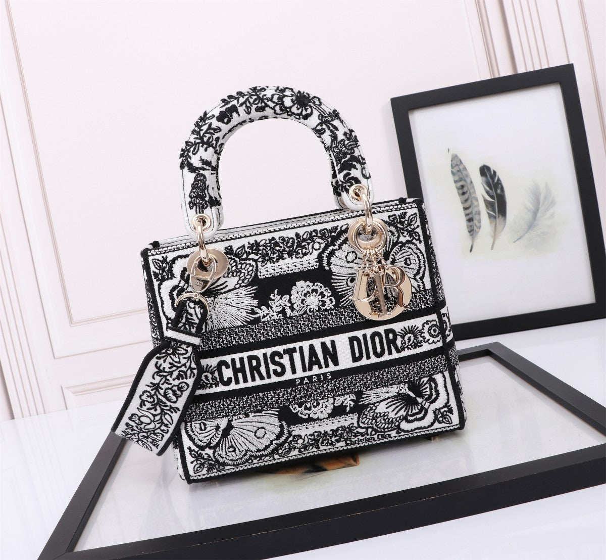 Christian Dior Lady D-Lite Medium Bag Black and White Embroidery Butterfly Pattern
