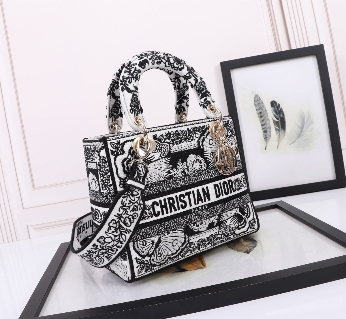 Christian Dior Lady D-Lite Medium Bag Black and White Embroidery Butterfly Pattern