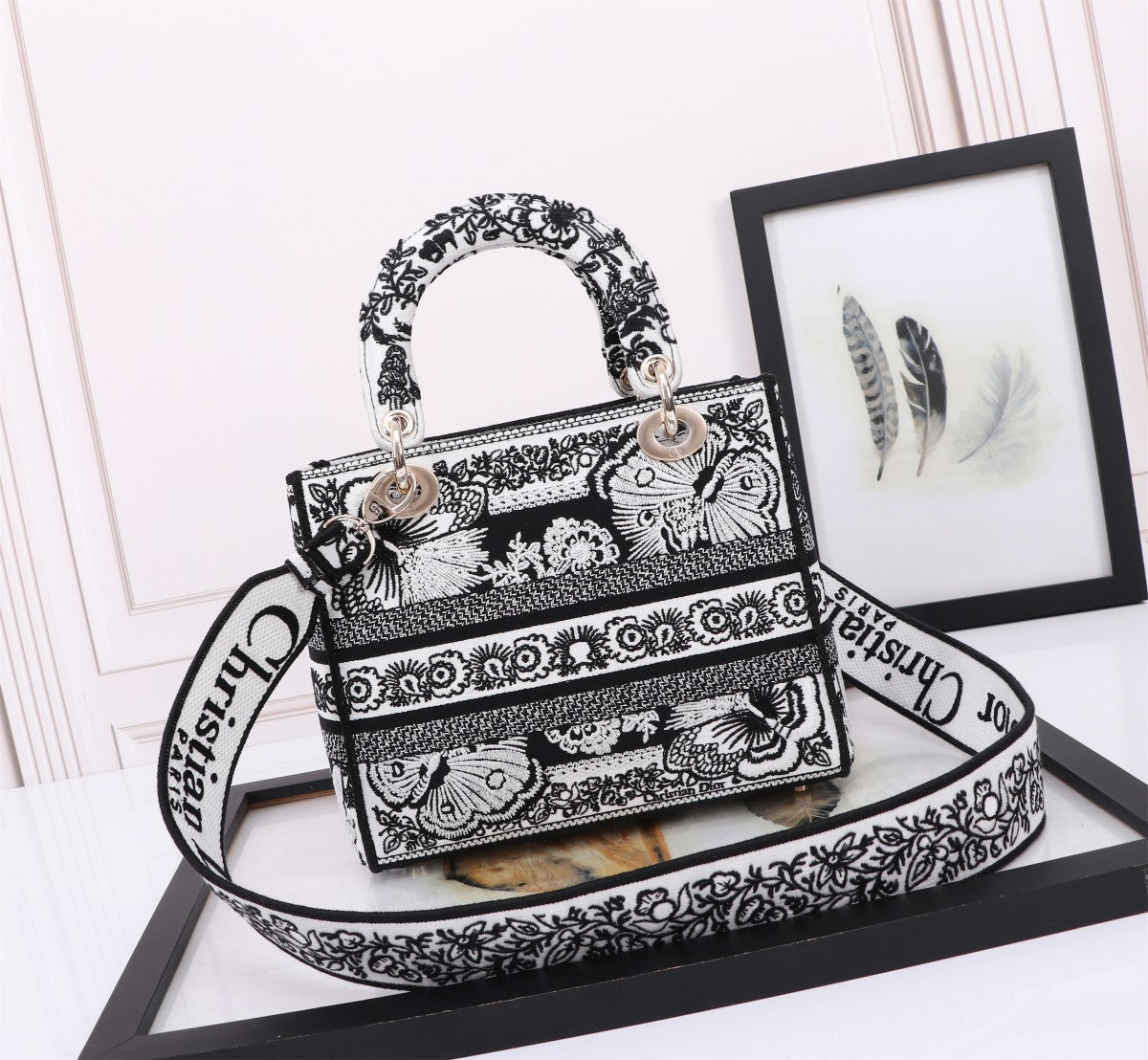 Christian Dior Lady D-Lite Medium Bag Black and White Embroidery Butterfly Pattern