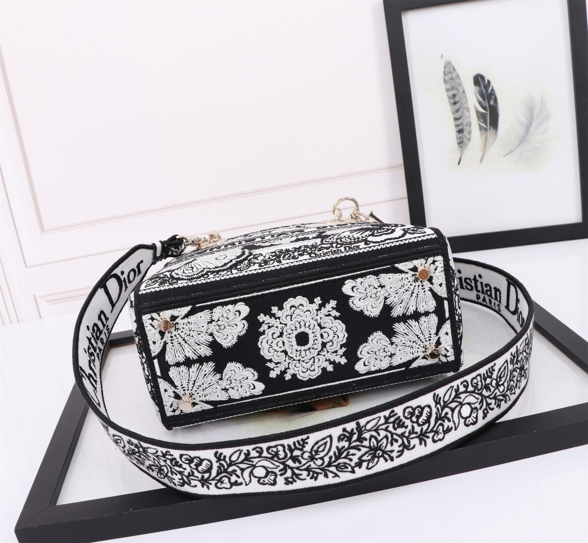Christian Dior Lady D-Lite Black and White Embroidered Handbag