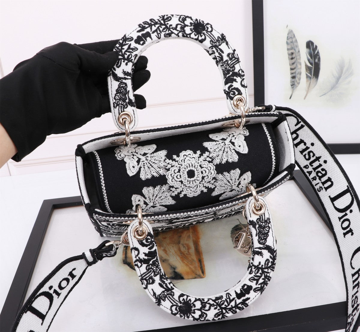 Christian Dior Lady D-Lite Medium Bag Black and White Embroidery Butterfly Pattern