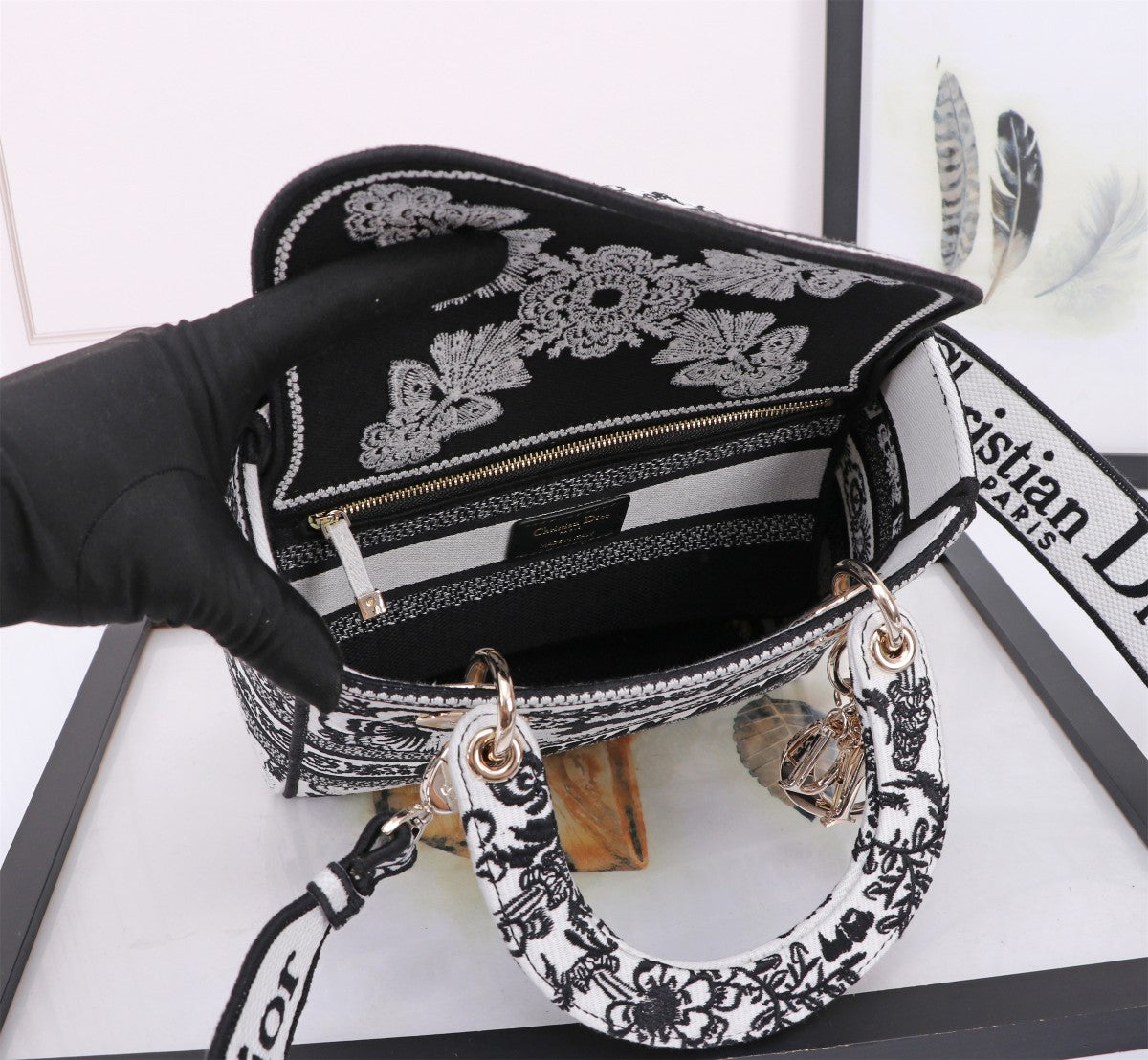 Christian Dior Lady D-Lite Medium Bag Black and White Embroidery Butterfly Pattern
