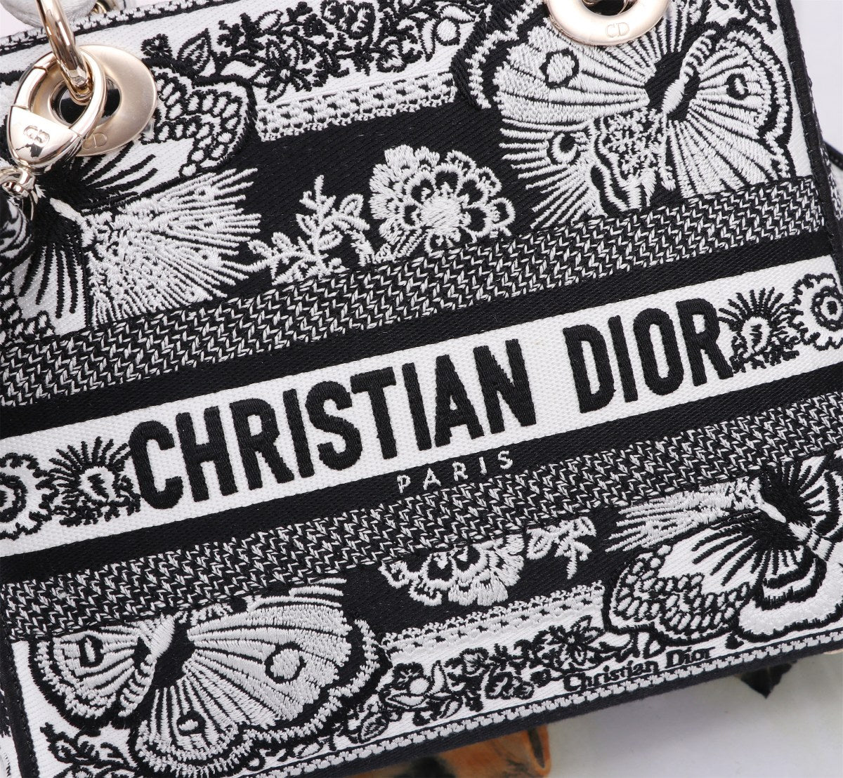 Christian Dior Lady D-Lite Medium Bag Black and White Embroidery Butterfly Pattern