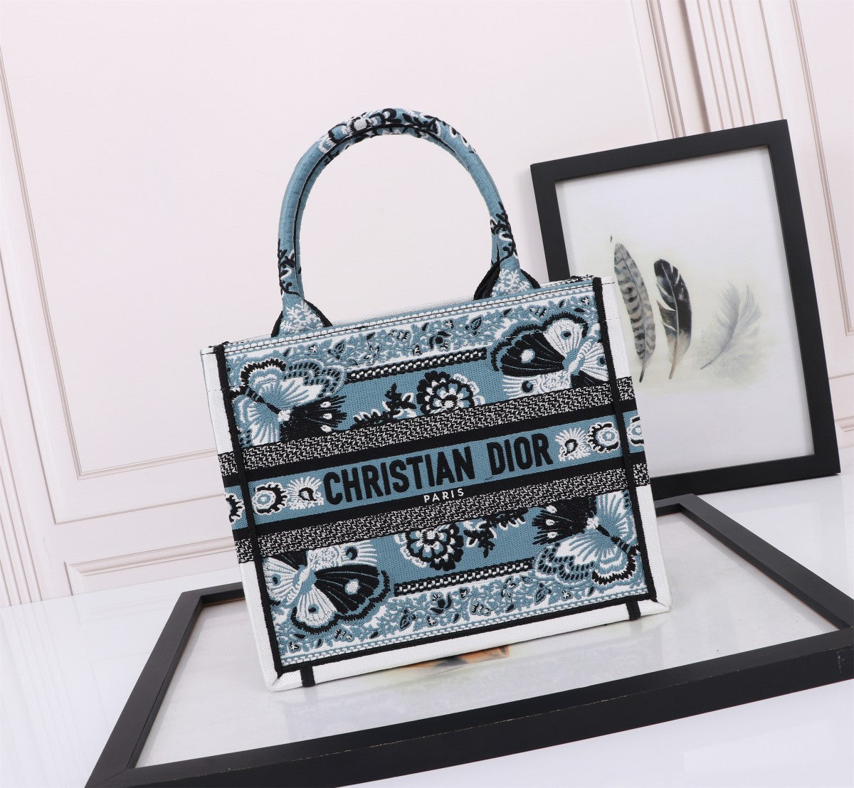 Christian Dior Blue Embroidered Butterfly Book Tote Bag