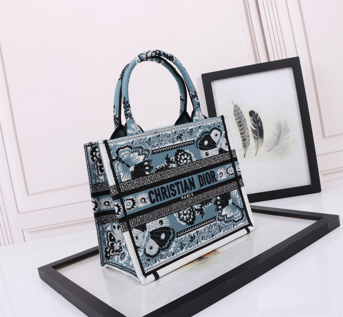 Christian Dior Blue Embroidered Butterfly Book Tote Bag