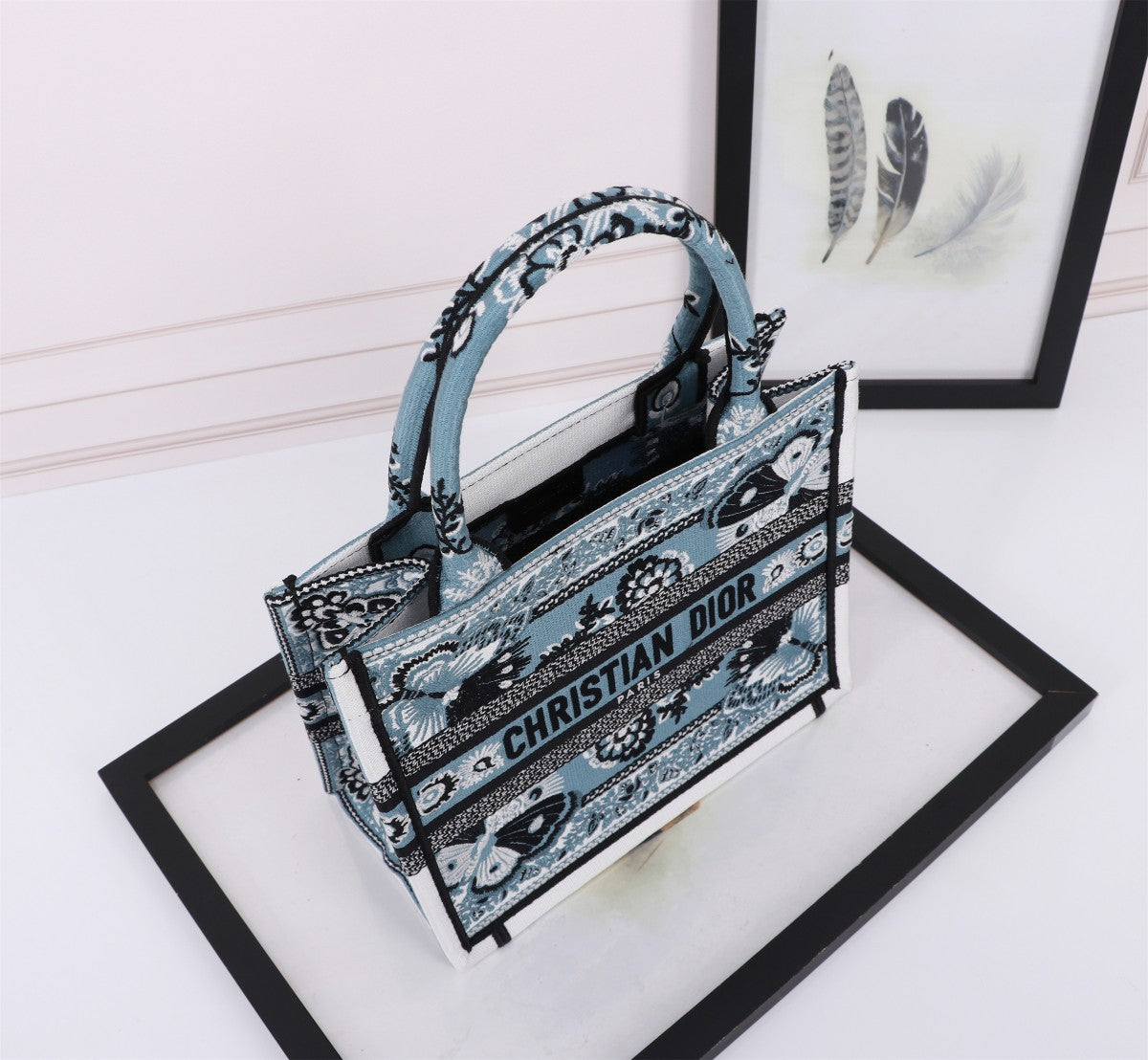 Christian Dior Medium Book Tote - Blue Butterfly Toile de Jouy Embroidered Canvas Bag