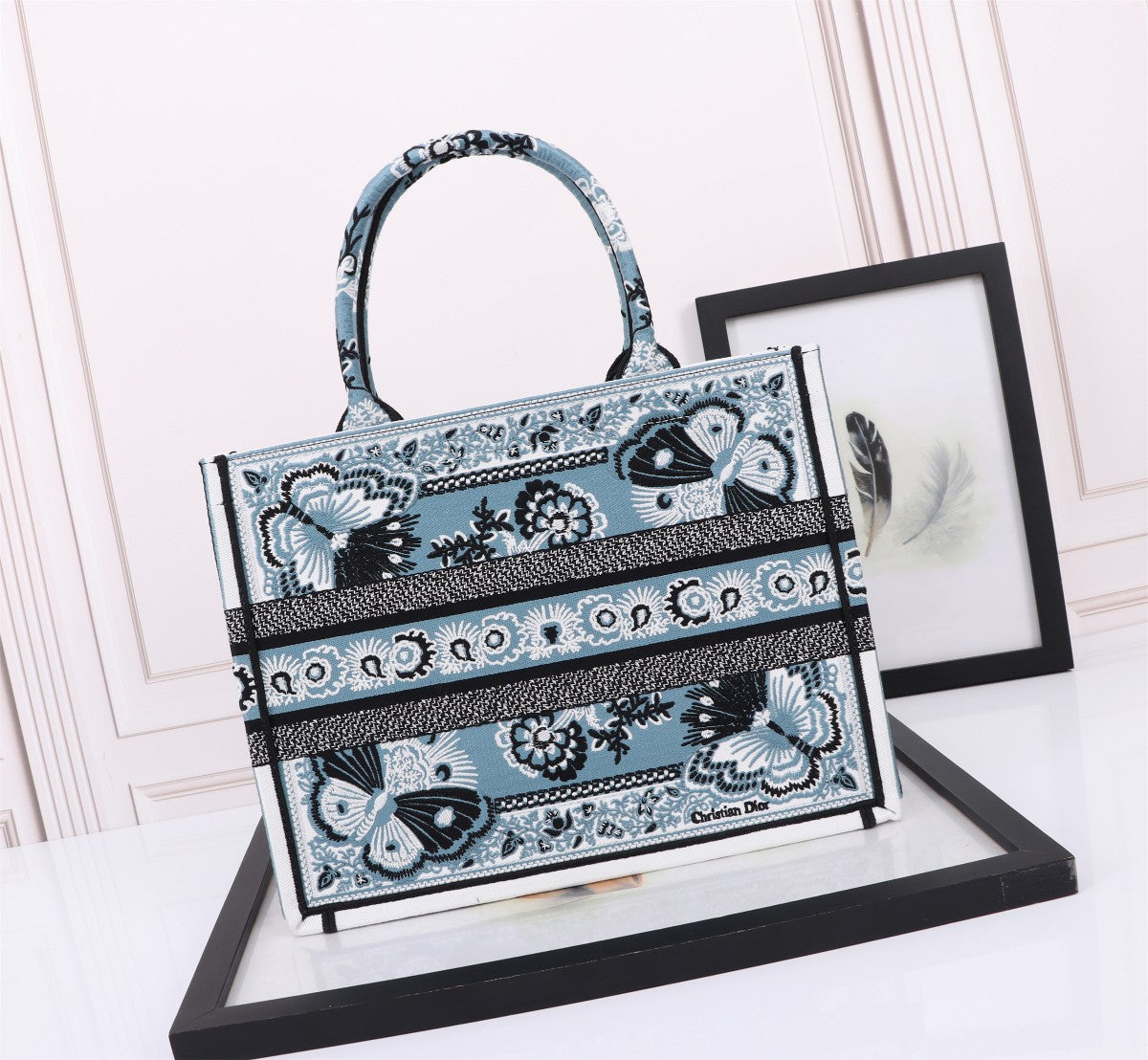 Christian Dior Medium Book Tote Butterfly Embroidered Handbag - Blue/White