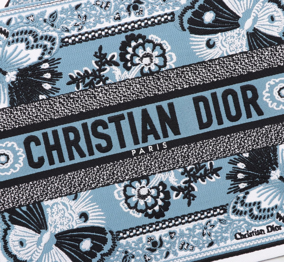 Dior Blue Butterfly Embroidered Canvas Tote Bag with Top Handles