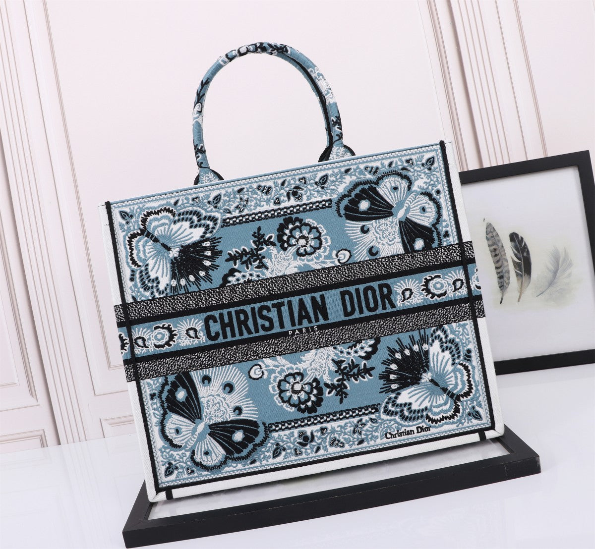 Christian Dior Blue Butterfly Embroidered Book Tote Bag