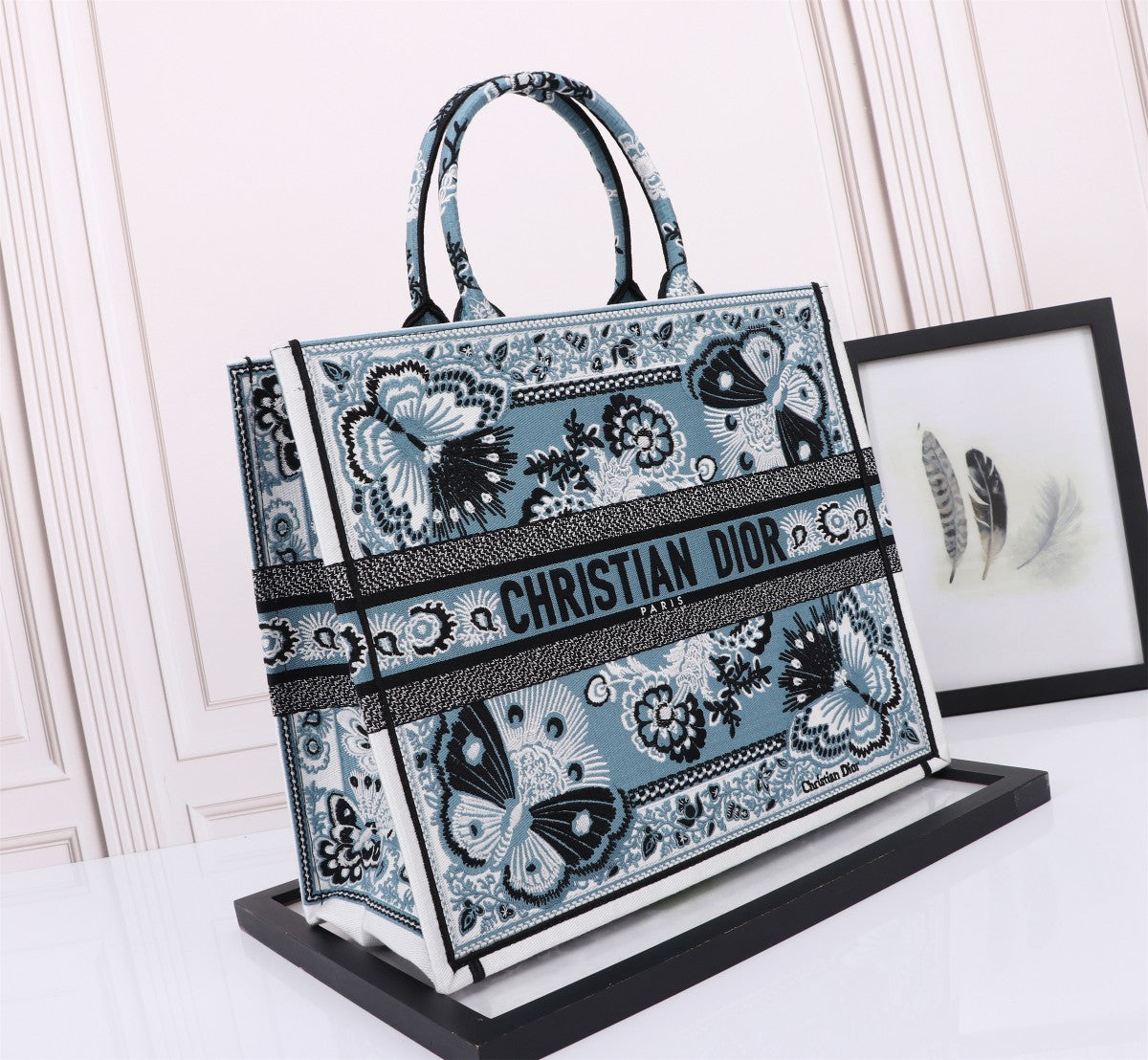Christian Dior Medium Book Tote Blue Butterfly Embroidery