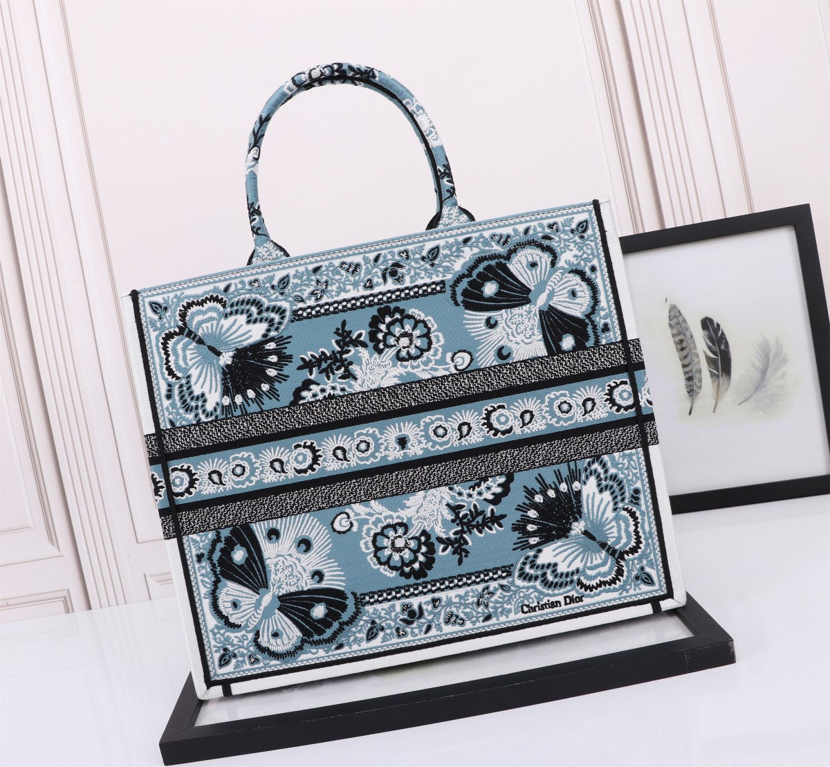 Christian Dior Blue Butterfly Embroidered Book Tote Bag
