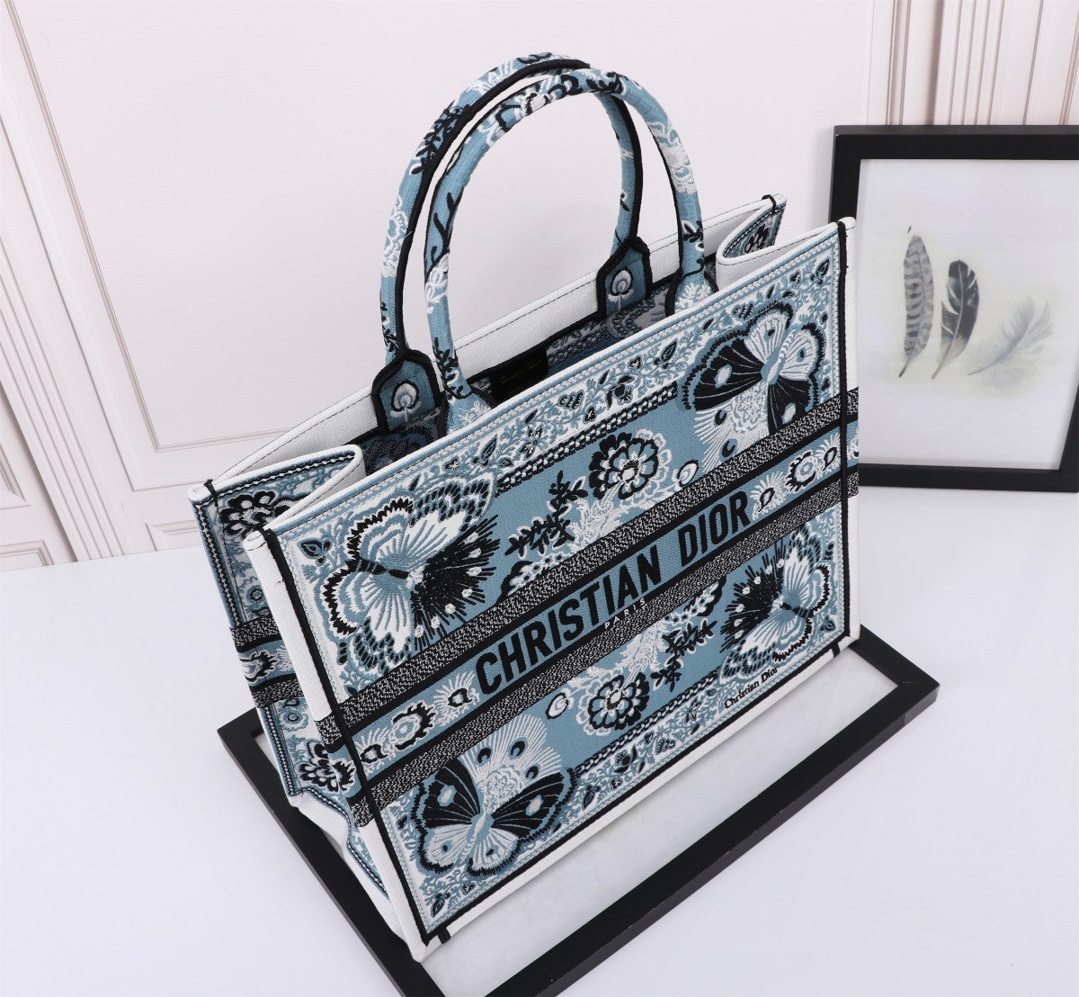 Christian Dior Medium Book Tote Blue Butterfly Embroidery