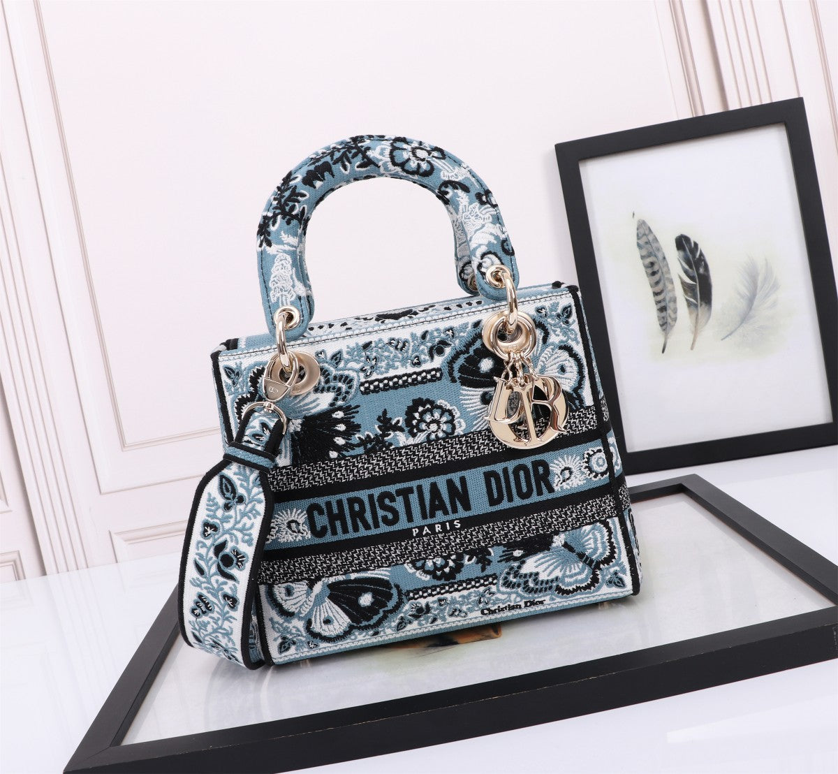 Christian Dior Lady D-Lite Bag - Embroidered Blue Butterfly & Floral Pattern