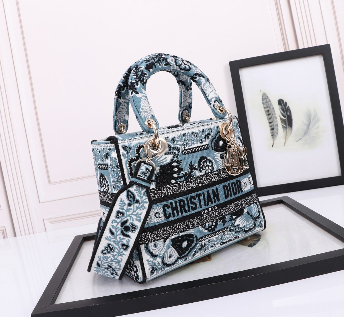 Christian Dior Lady D-Lite Bag - Embroidered Blue Butterfly & Floral Pattern