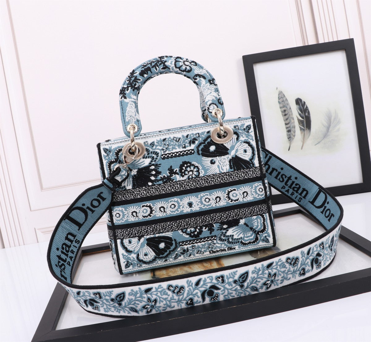 Christian Dior Lady D-Lite Bag - Embroidered Blue Butterfly & Floral Pattern