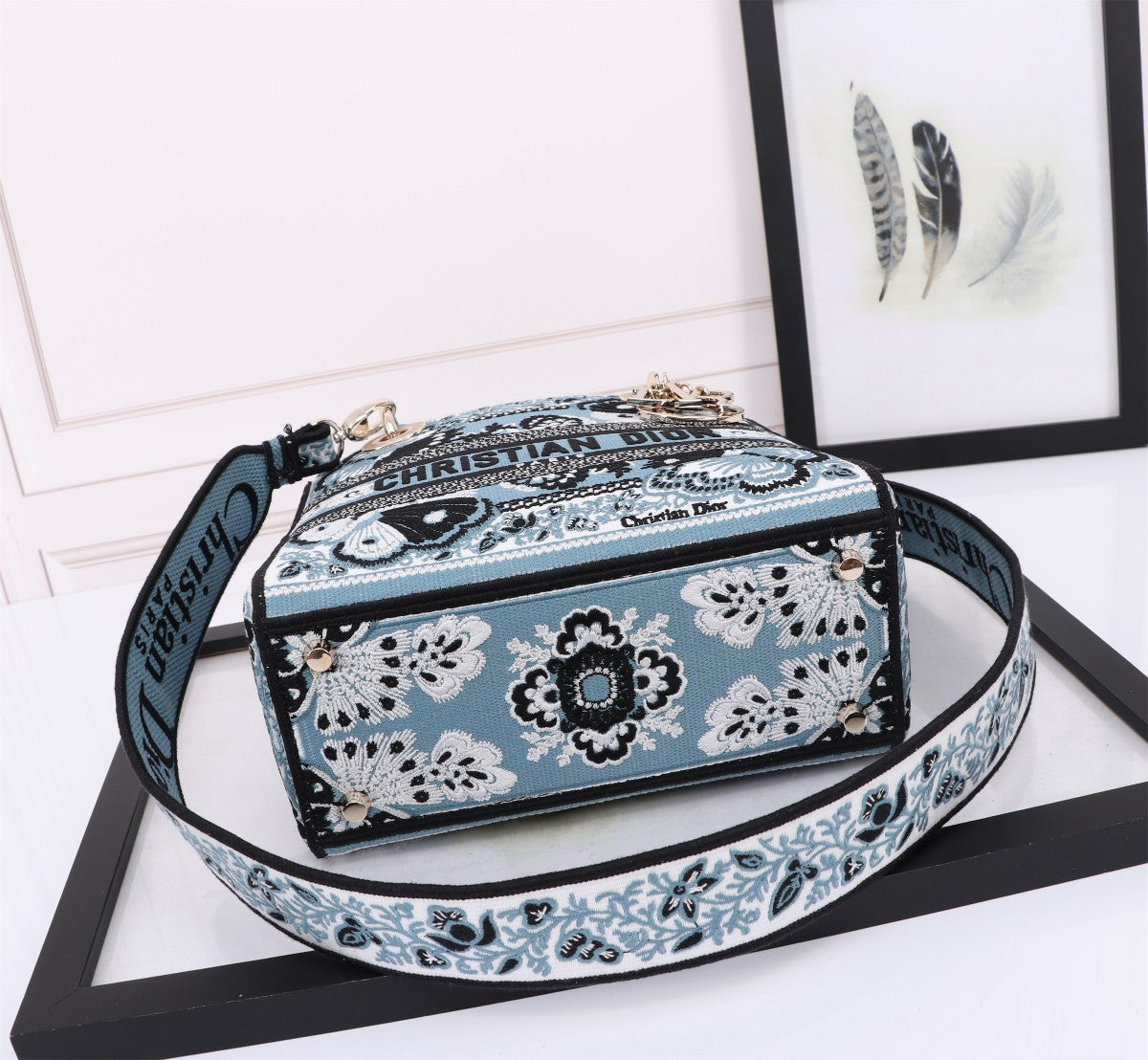 Christian Dior Lady D-Lite Bag - Embroidered Blue Butterfly & Floral Pattern