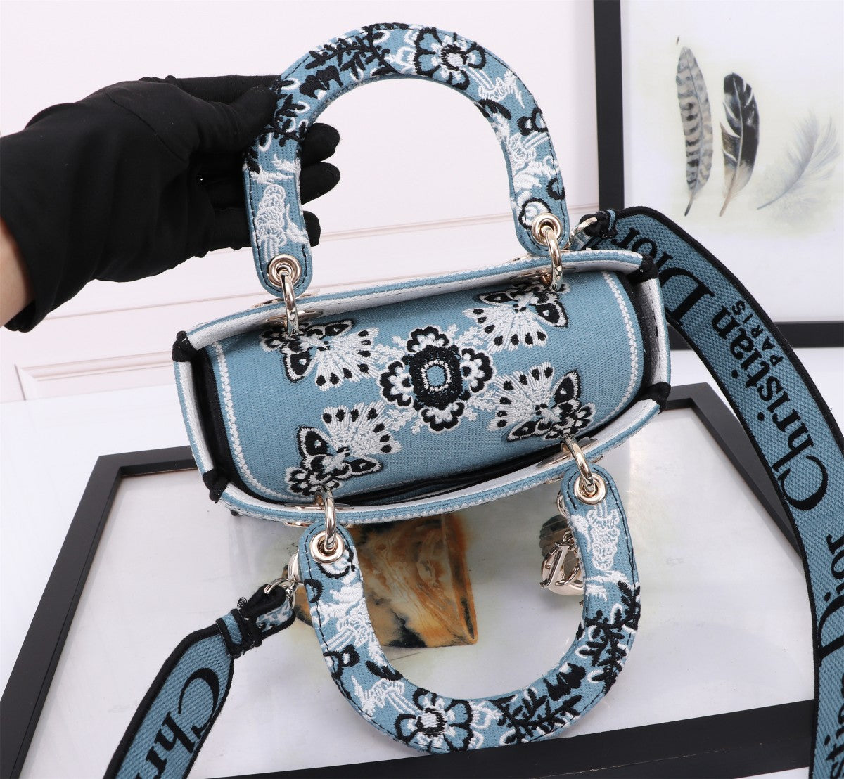Christian Dior Lady D-Lite Bag - Embroidered Blue Butterfly & Floral Pattern