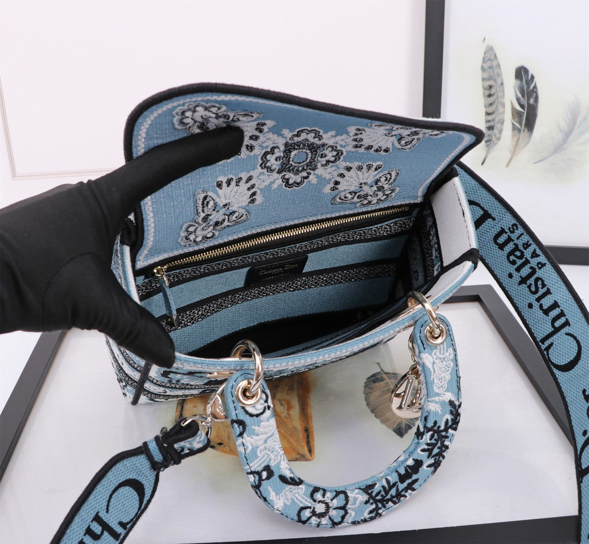 Christian Dior Lady D-Lite Bag - Embroidered Blue Butterfly & Floral Pattern