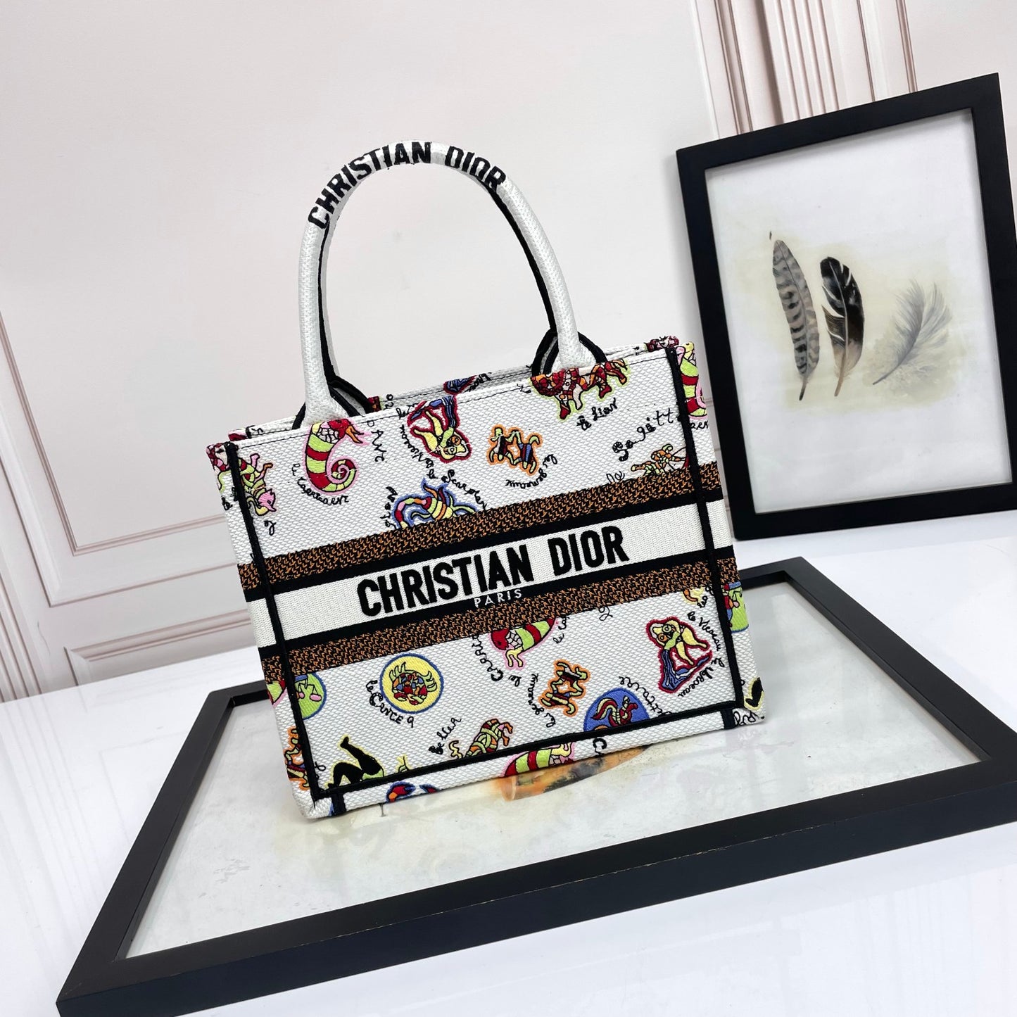Dior Whimsical Cartoon Pattern Canvas Handbag Tote with Top Handles