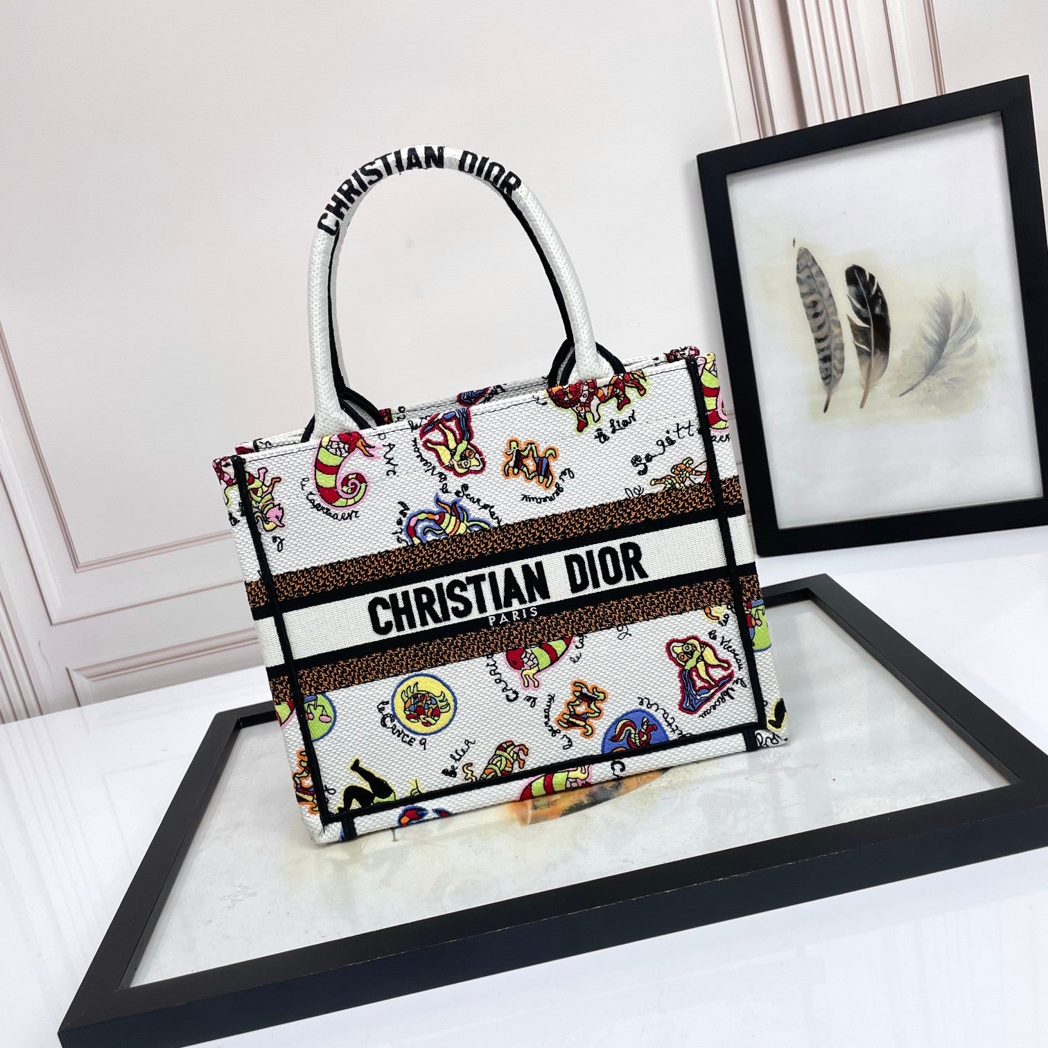 Dior Whimsical Cartoon Pattern Canvas Handbag Tote with Top Handles