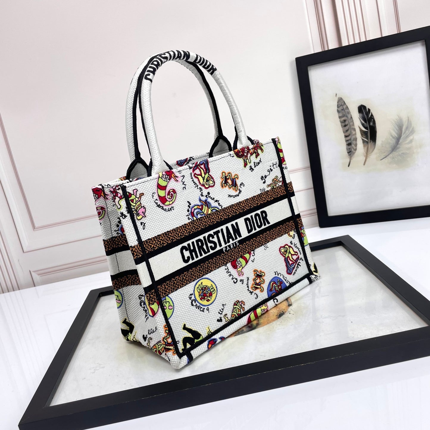 Christian Dior Book Tote Bag with Multi-Color Patterned Embroidery