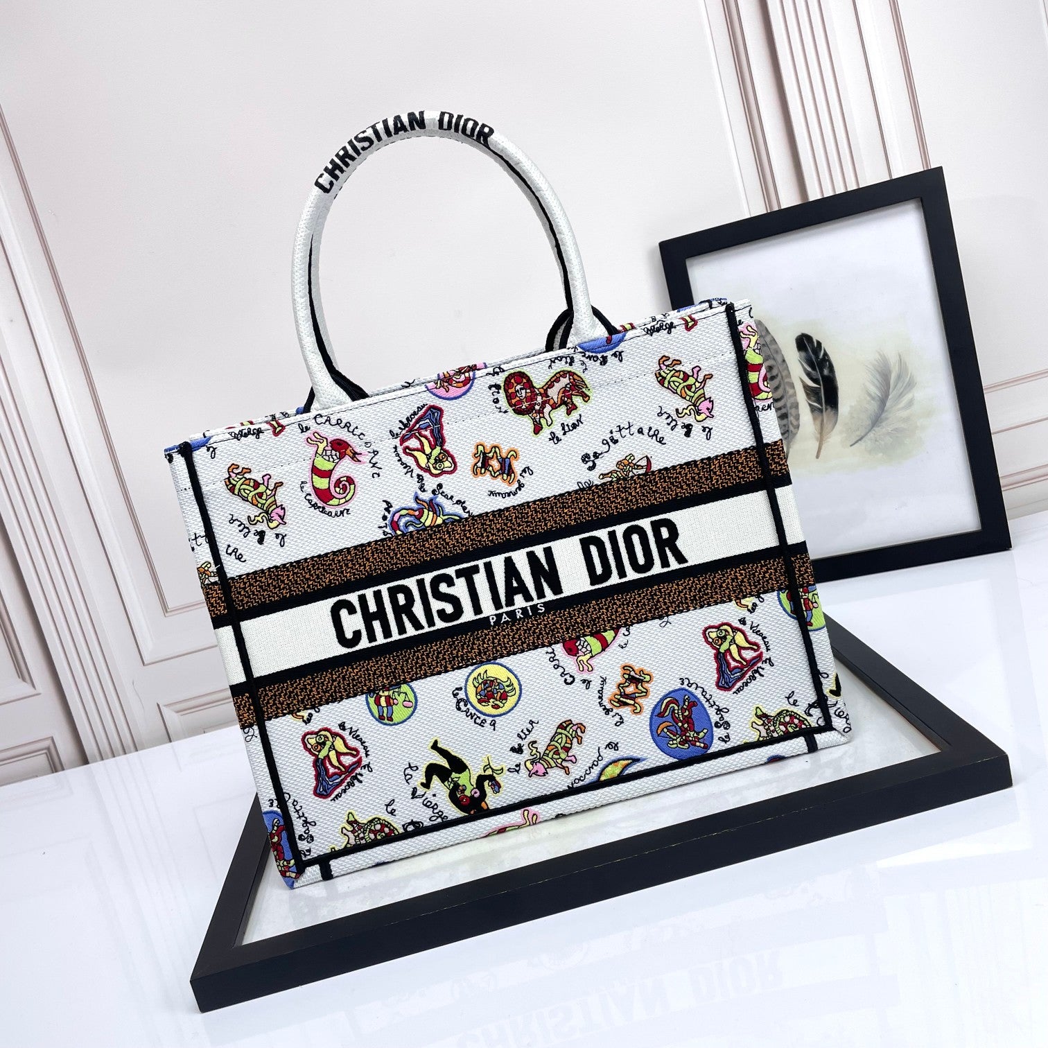 Christian Dior Large Book Tote Bag in White Multicolor Animal Print Embroidery