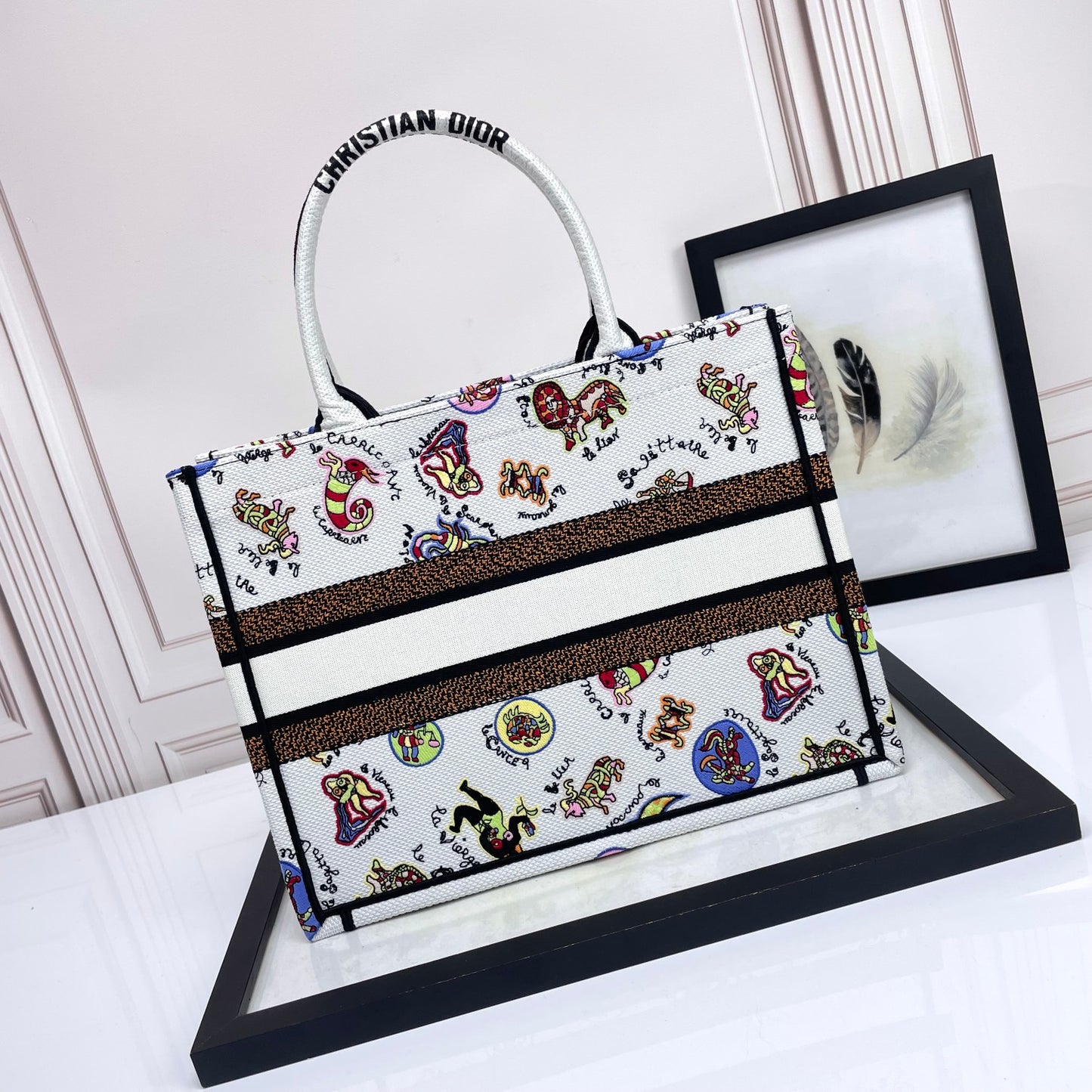 Christian Dior Large Book Tote Bag in White Multicolor Animal Print Embroidery