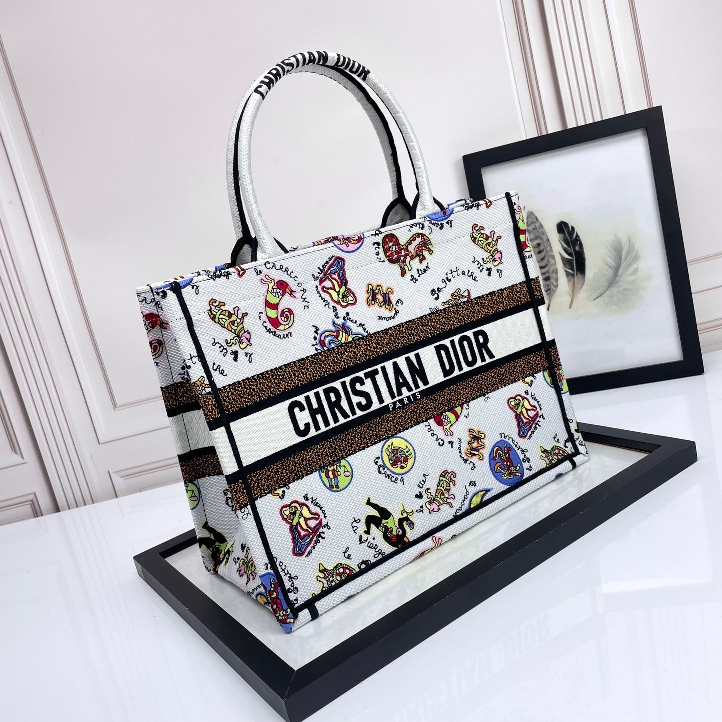 Christian Dior Large Book Tote Bag in White Multicolor Animal Print Embroidery