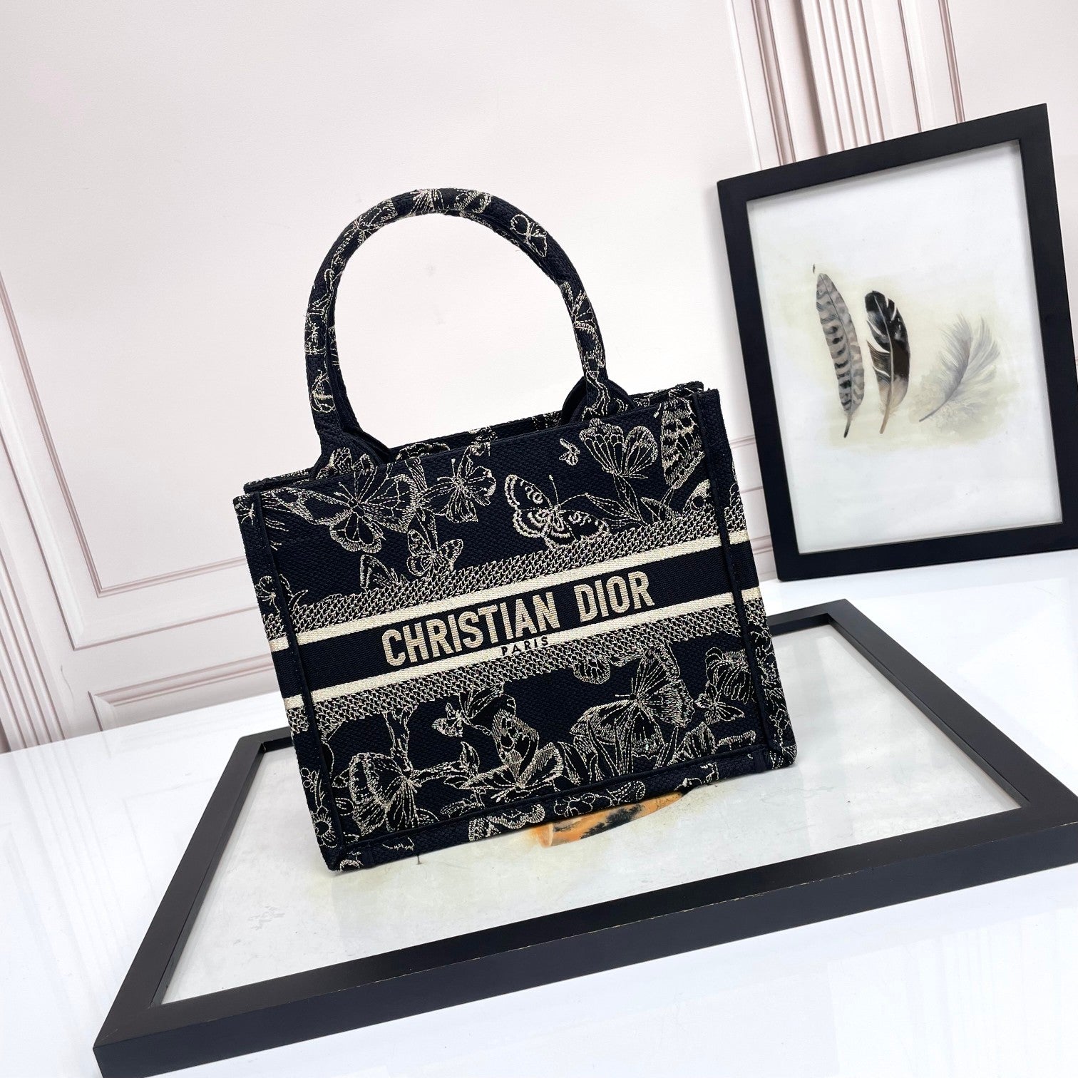 Christian Dior Book Tote Butterfly Around Embroidery Black and White Handbag