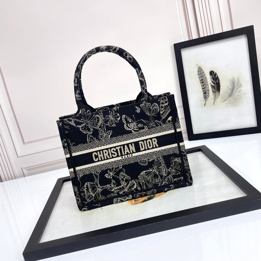 Christian Dior Book Tote Butterfly Around Embroidery Black and White Handbag