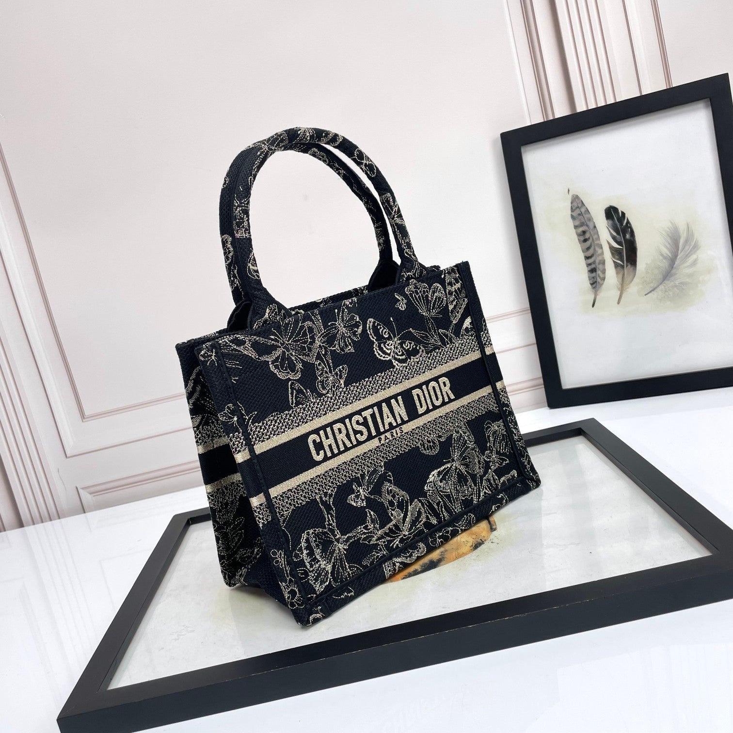 Christian Dior Small Book Tote - Black and White Butterfly Around the World Embroidery
