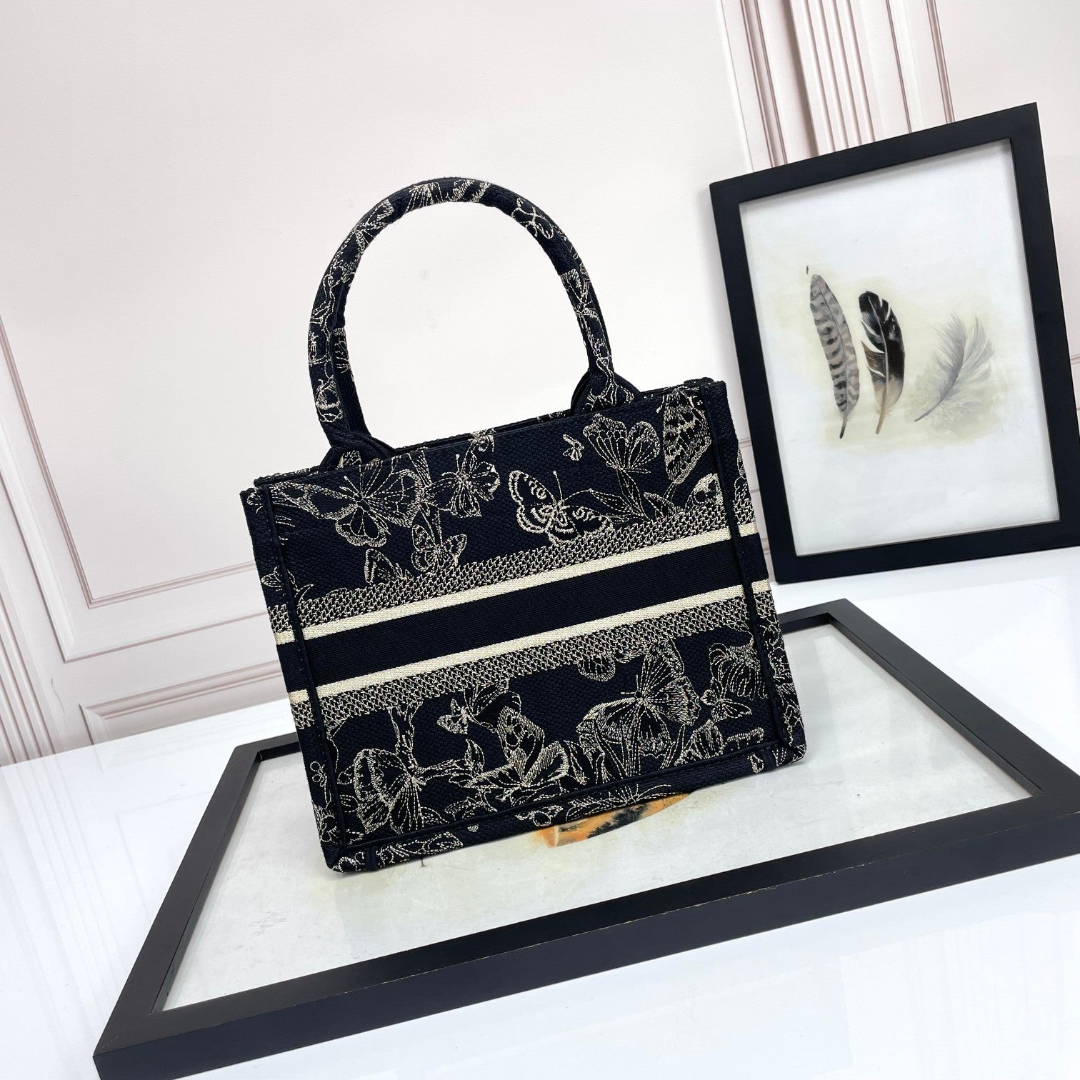 Christian Dior Small Book Tote - Black and White Butterfly Around the World Embroidery