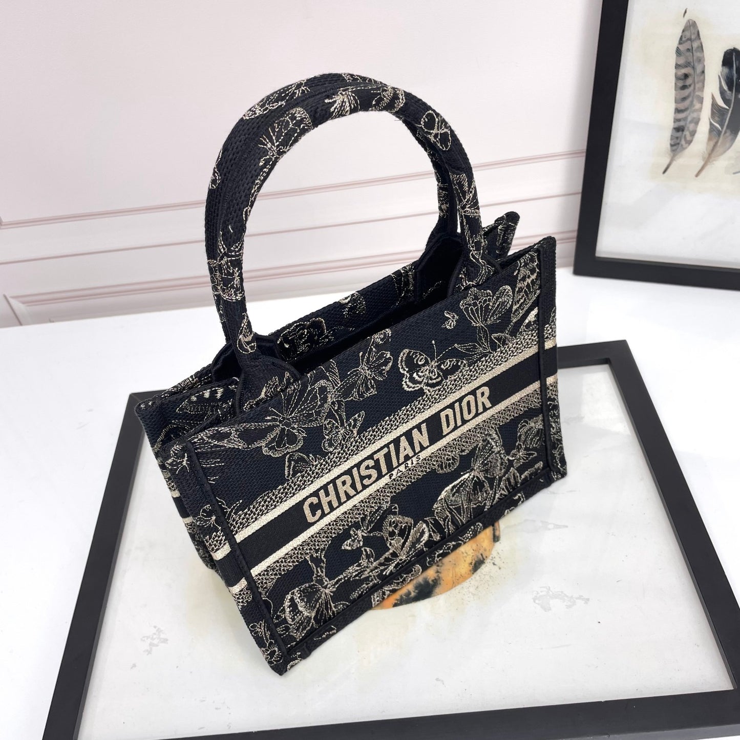 Christian Dior Small Book Tote - Black and White Butterfly Around the World Embroidery