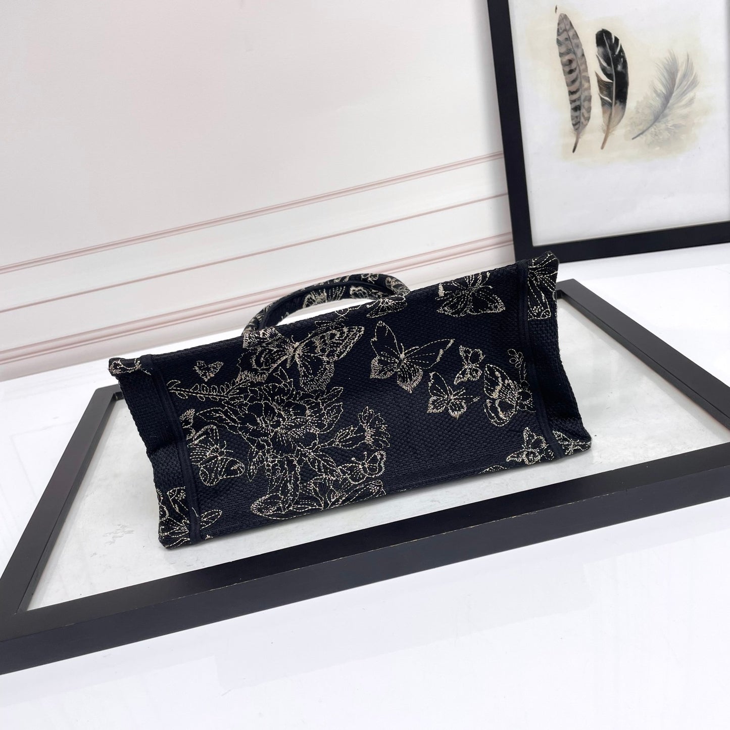 Christian Dior Small Book Tote - Black and White Butterfly Around the World Embroidery