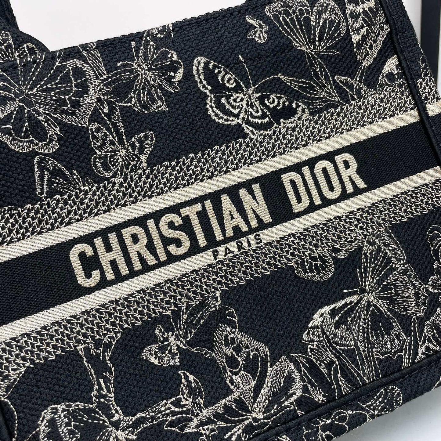 Christian Dior Small Book Tote - Black and White Butterfly Around the World Embroidery