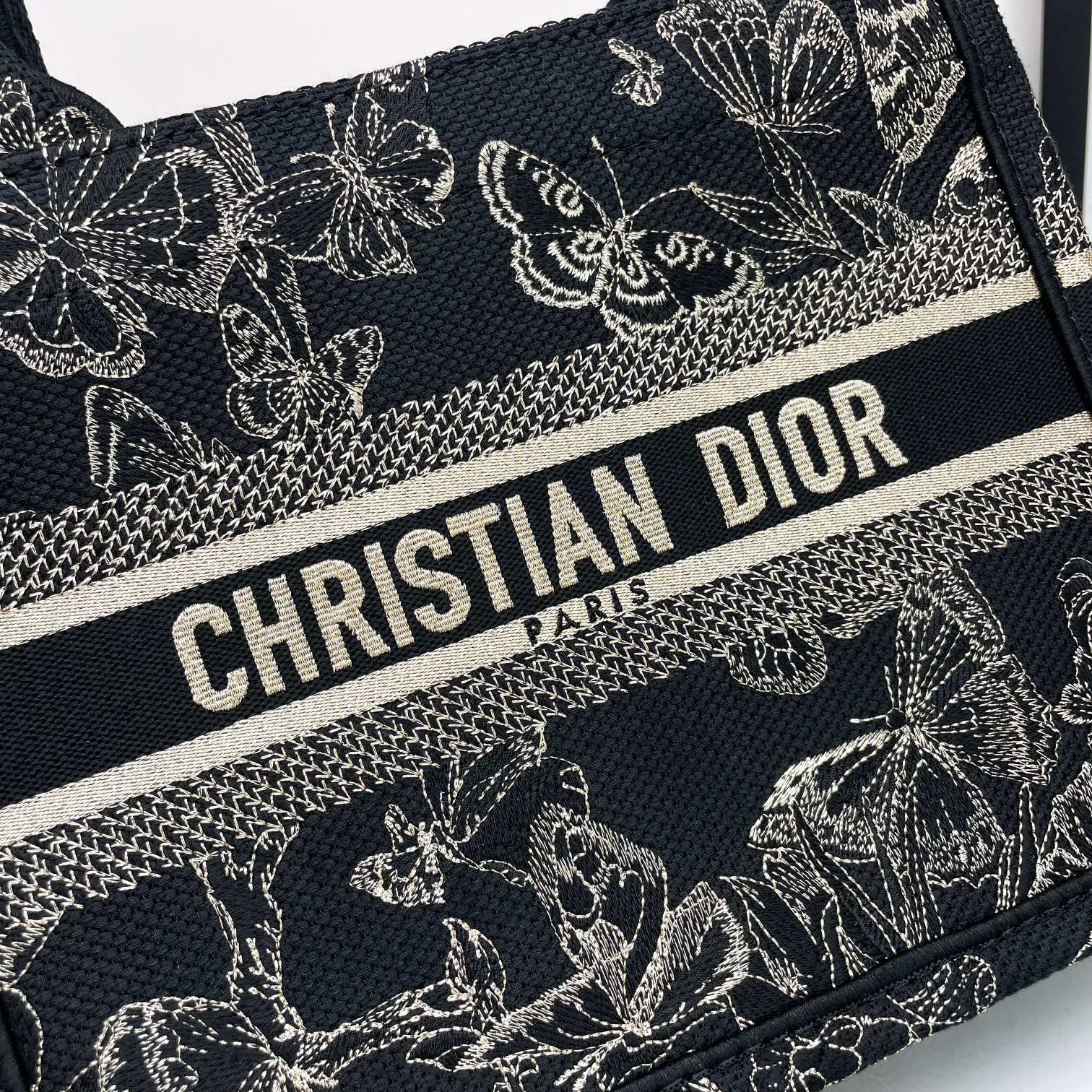 Christian Dior Small Book Tote - Black and White Butterfly Around the World Embroidery