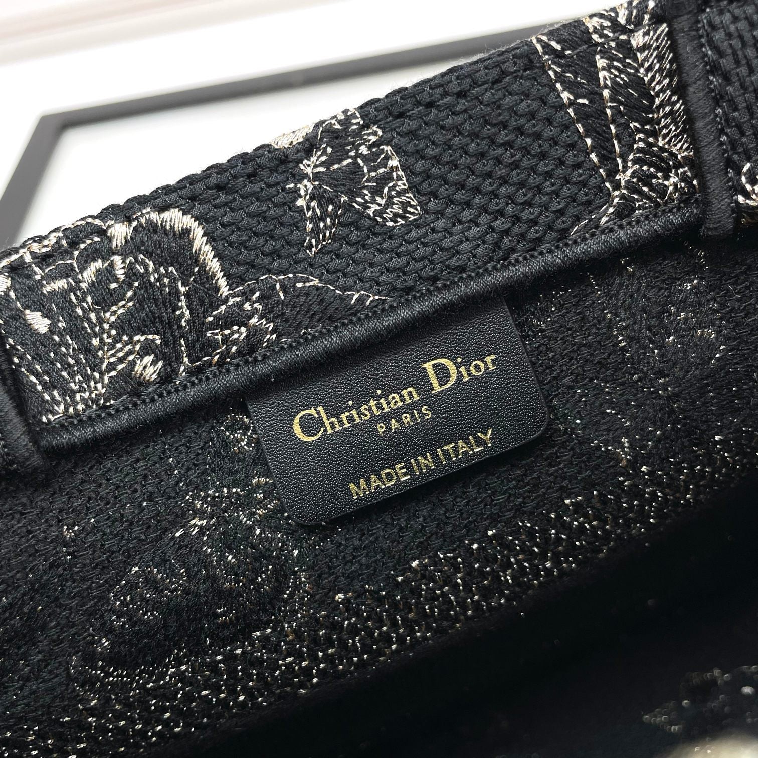 Christian Dior Book Tote Butterfly Around Embroidery Black and White Handbag