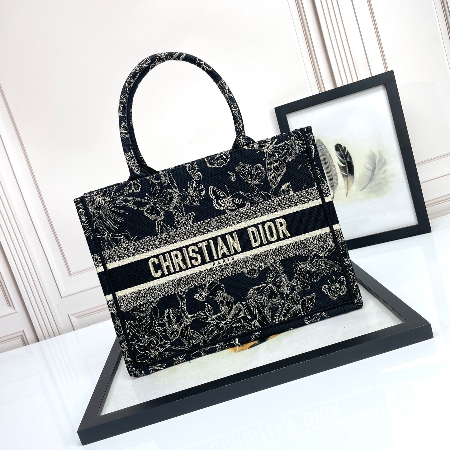 Christian Dior Book Tote with Butterfly Embroidery - Black and White