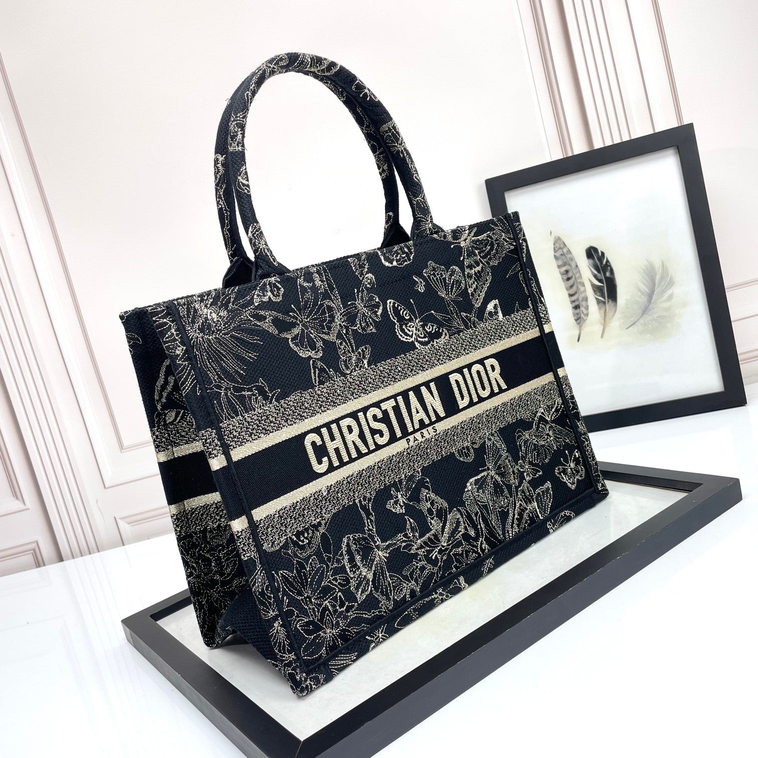 Christian Dior Book Tote with Butterfly Embroidery - Black and White