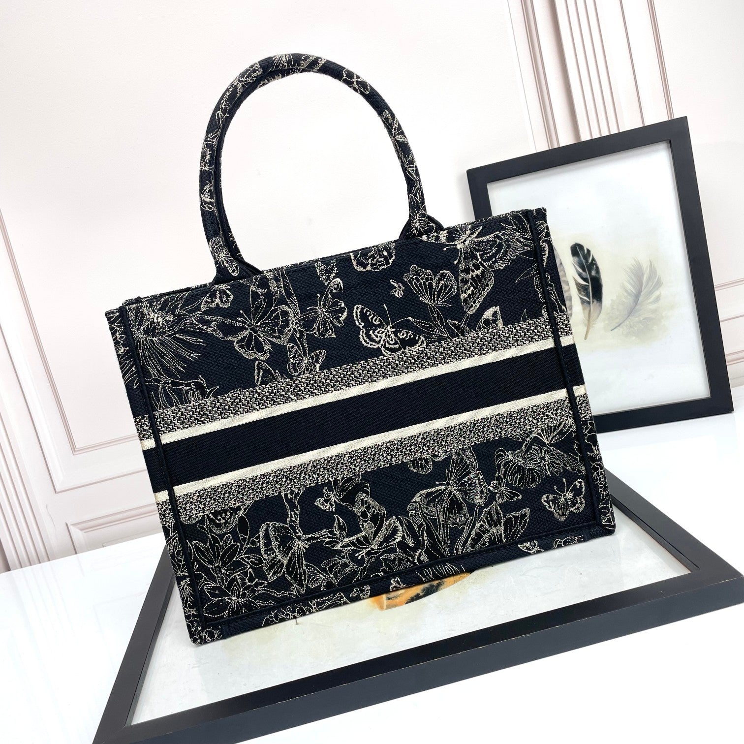 Christian Dior Book Tote with Butterfly Embroidery - Black and White