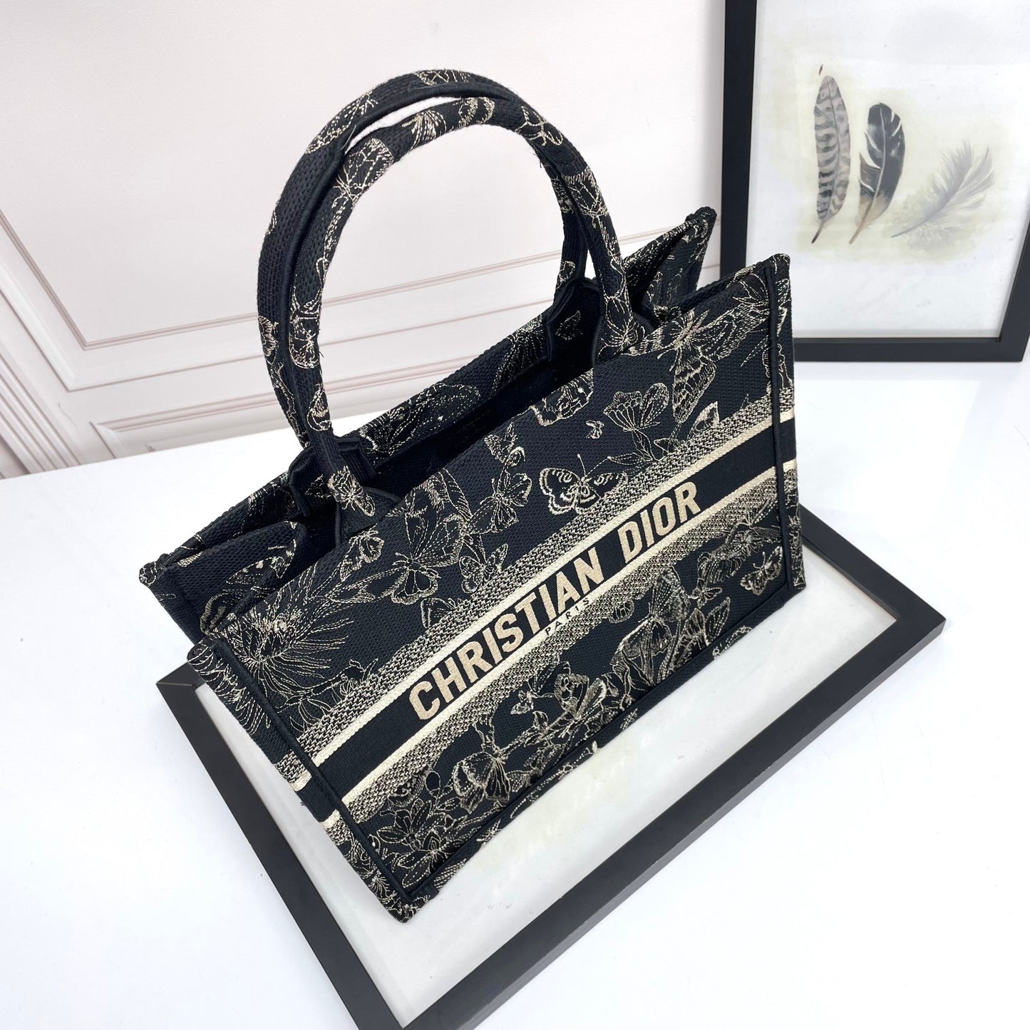 Christian Dior Book Tote with Butterfly Embroidery - Black and White