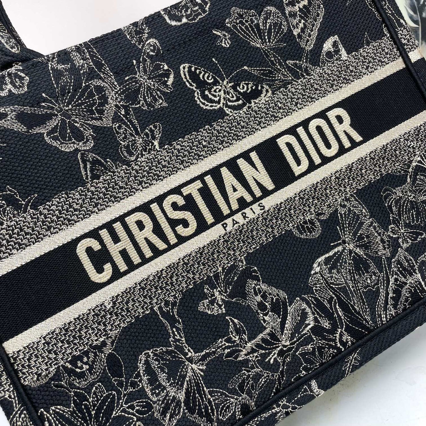 Christian Dior Medium Book Tote Black and Beige Butterfly Embroidered Canvas