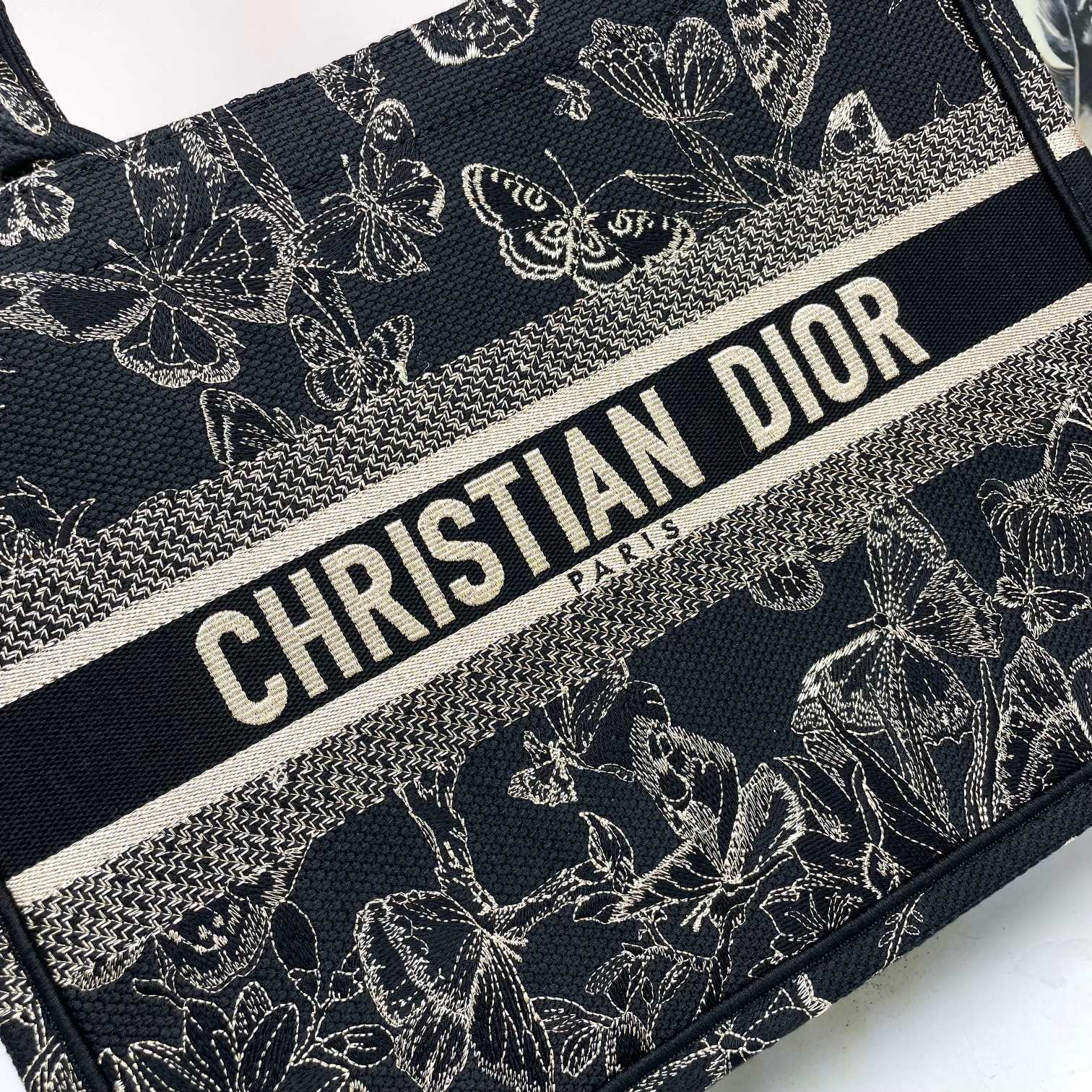 Dior Black and White Embroidered Butterfly Floral Canvas Tote Bag