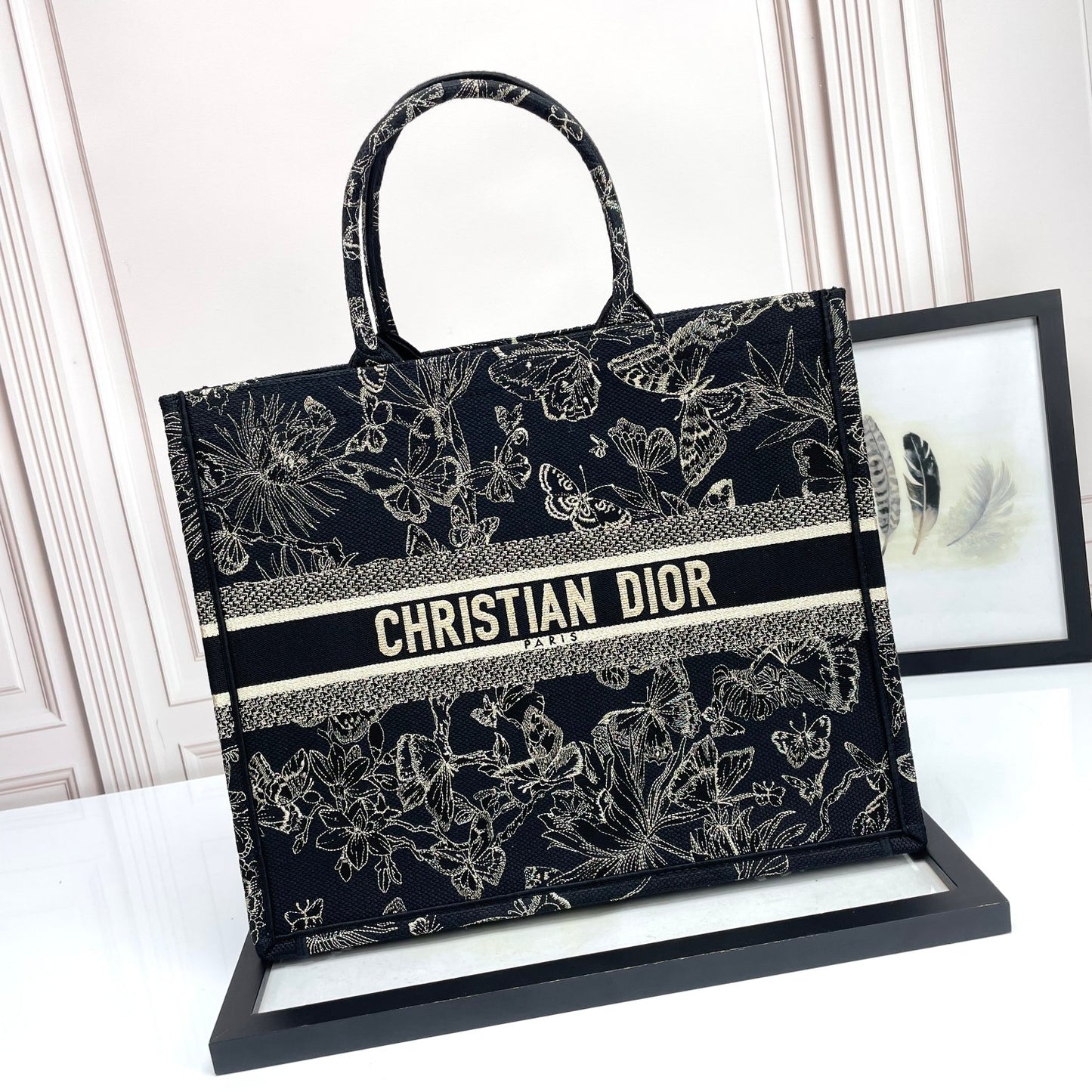 Christian Dior Large Book Tote Black and White Butterfly Embroidery Bag
