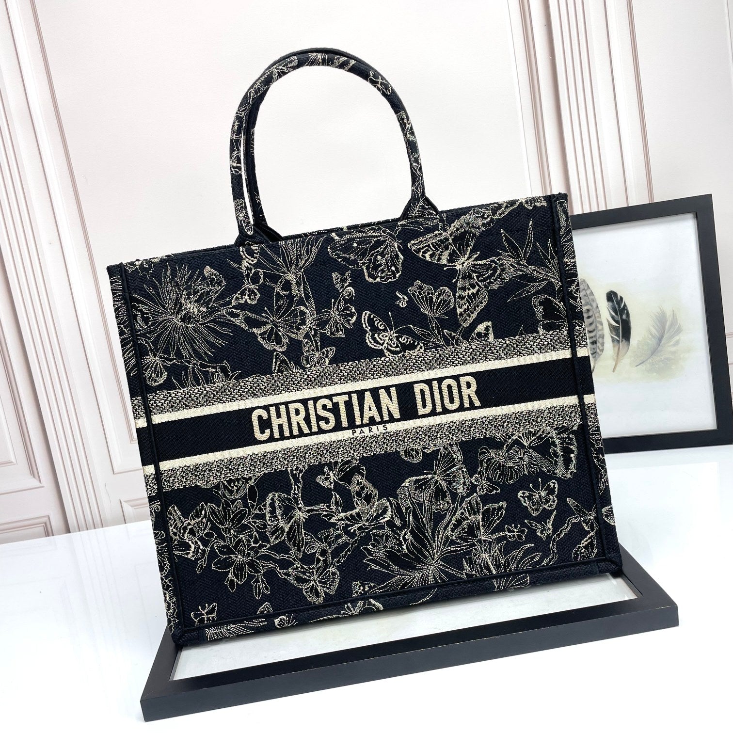 Dior Elegant Black Embroidered Butterfly and Floral Canvas Tote Handbag
