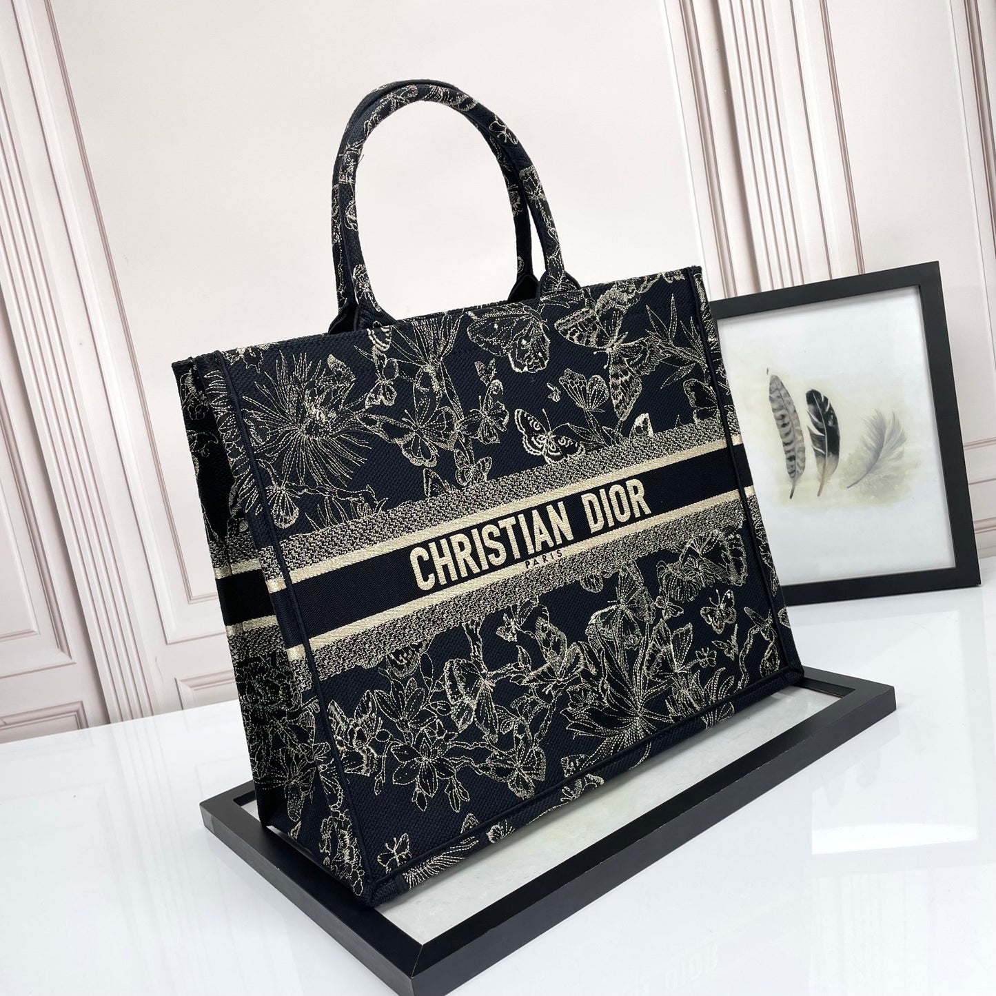 Christian Dior Large Book Tote Black and White Butterfly Embroidery Bag