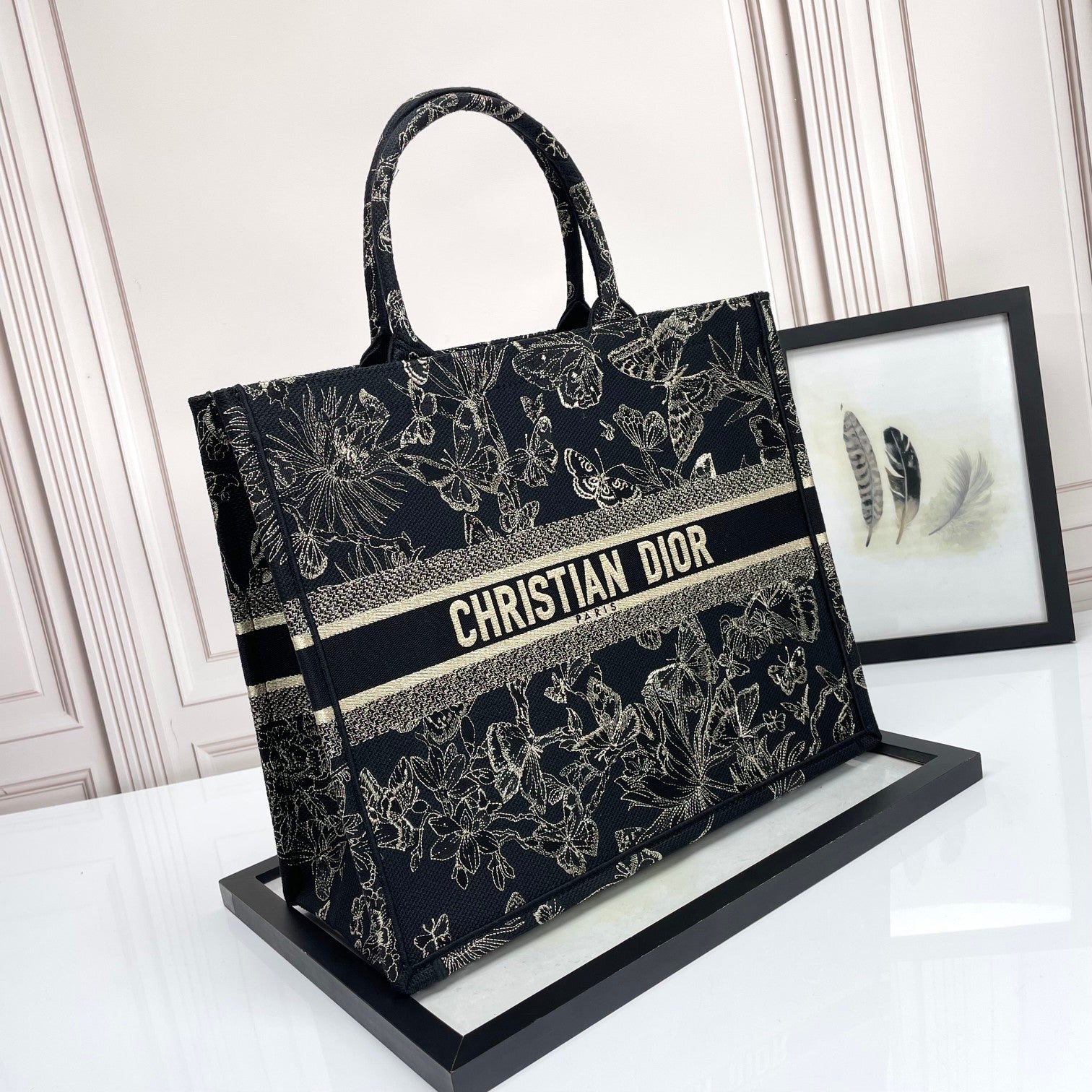 Christian Dior Large Book Tote Black and White Butterfly Embroidery Bag