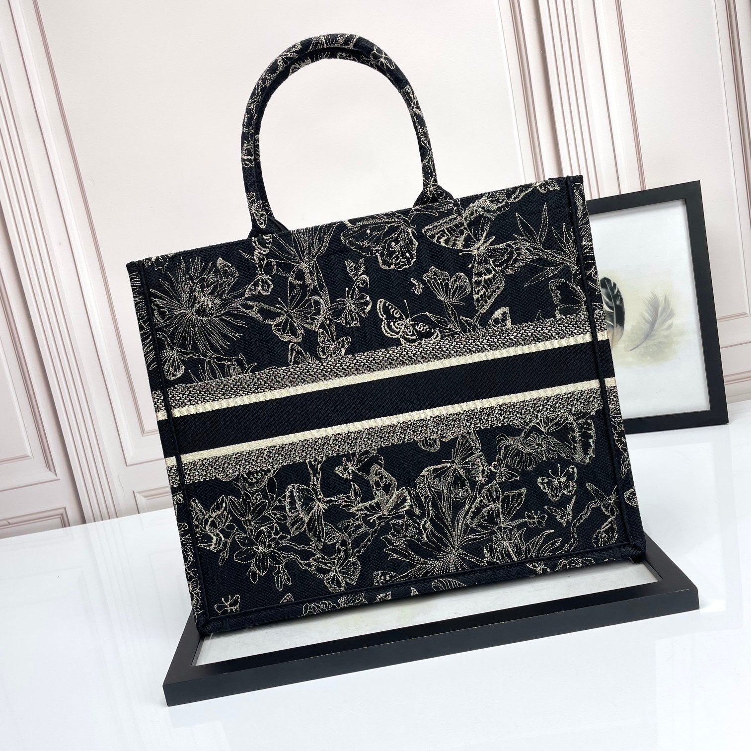 Christian Dior Large Book Tote Black and White Butterfly Embroidery Bag