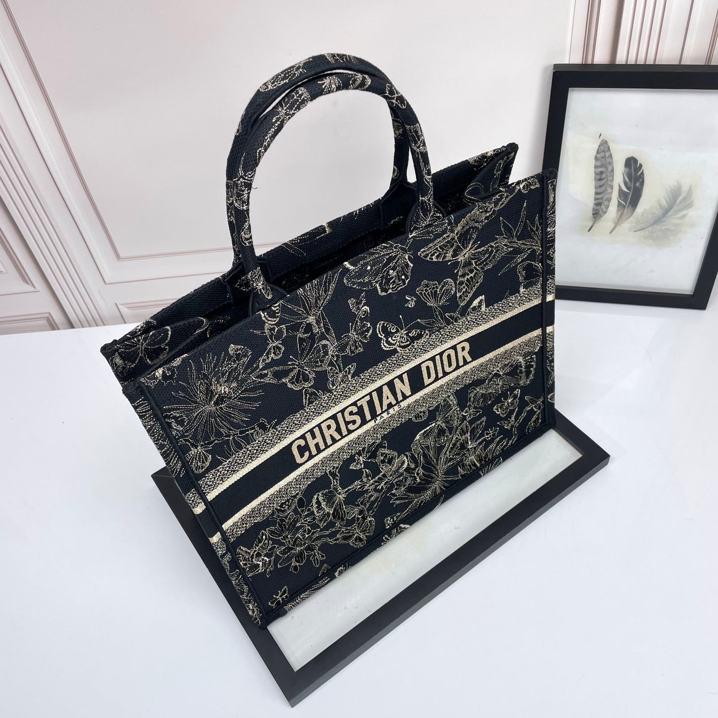 Christian Dior Large Book Tote Black and White Butterfly Embroidery Bag