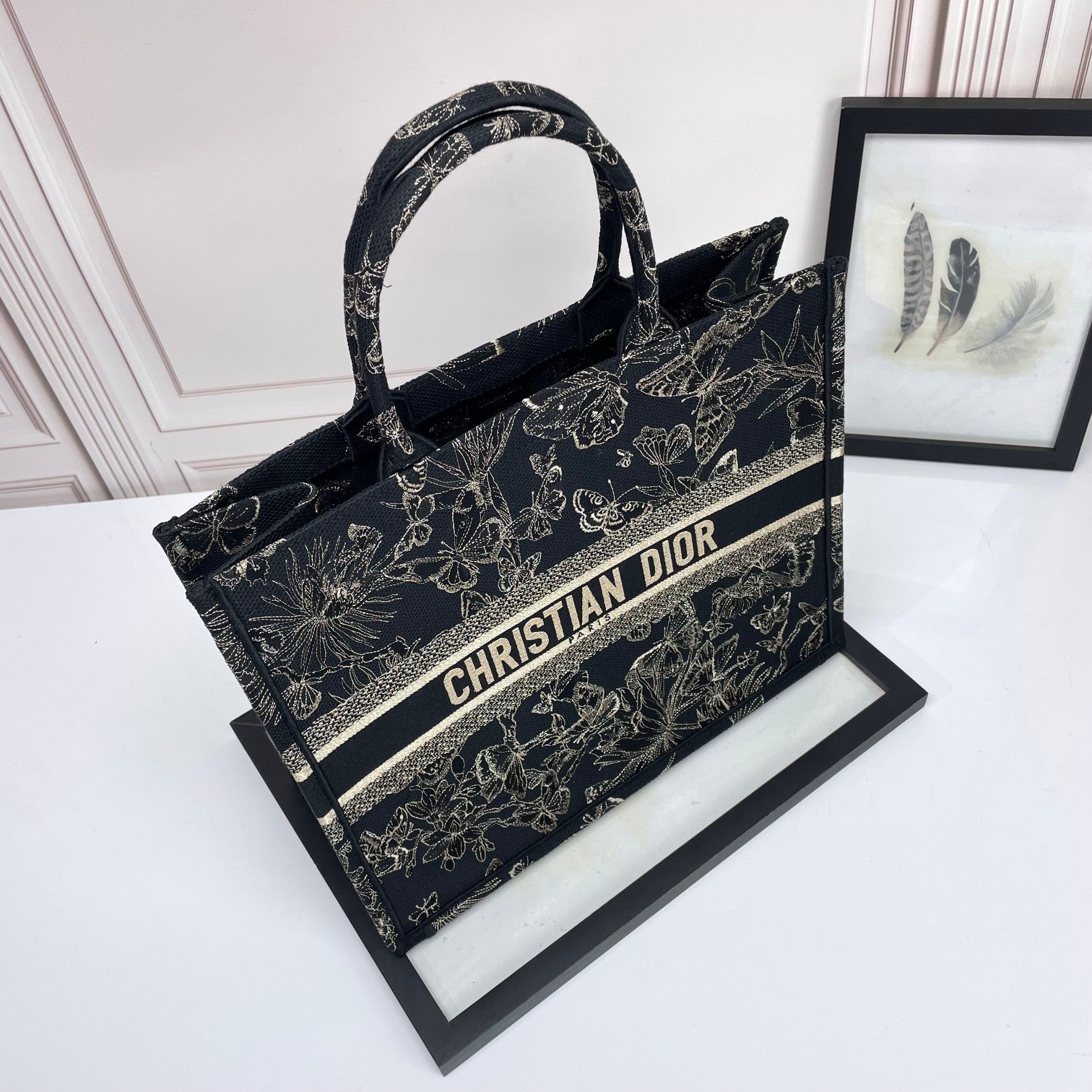 Christian Dior Book Tote Black with Gold Butterfly Embroidery Canvas Handbag